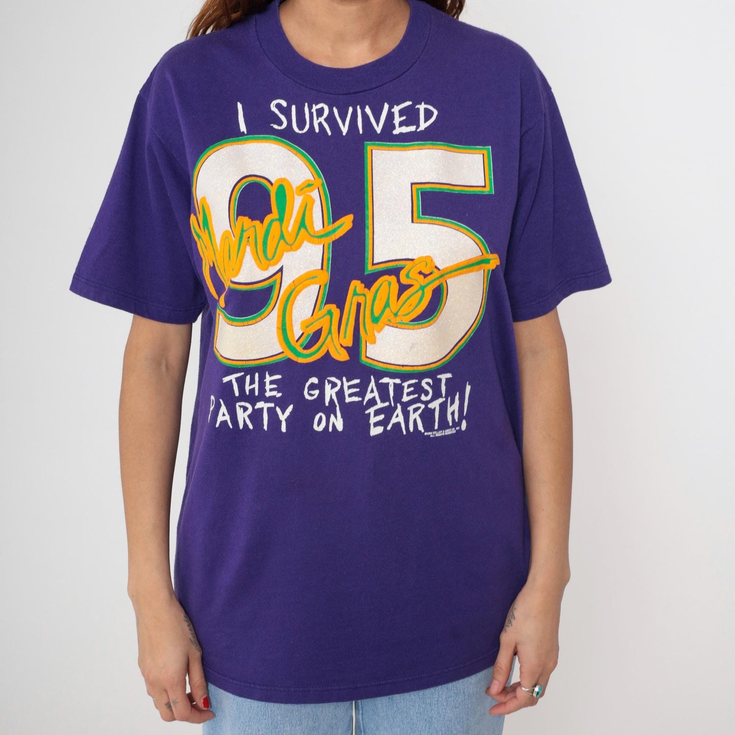 90s Mardi Gras 1995 Novelty Tee Purple Graphic Crewneck Large L