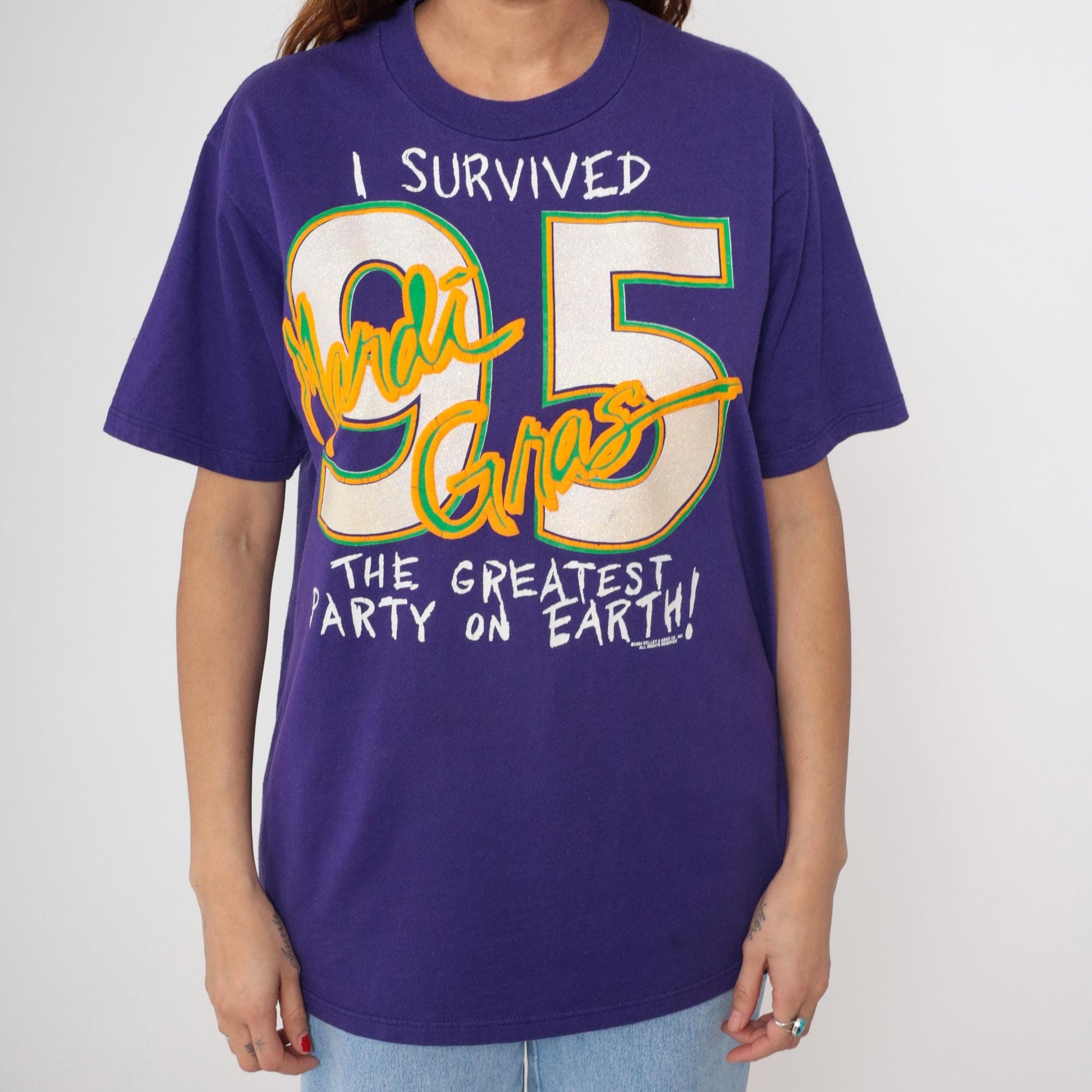 90s Mardi Gras 1995 Novelty Tee Purple Graphic Crewneck Large L