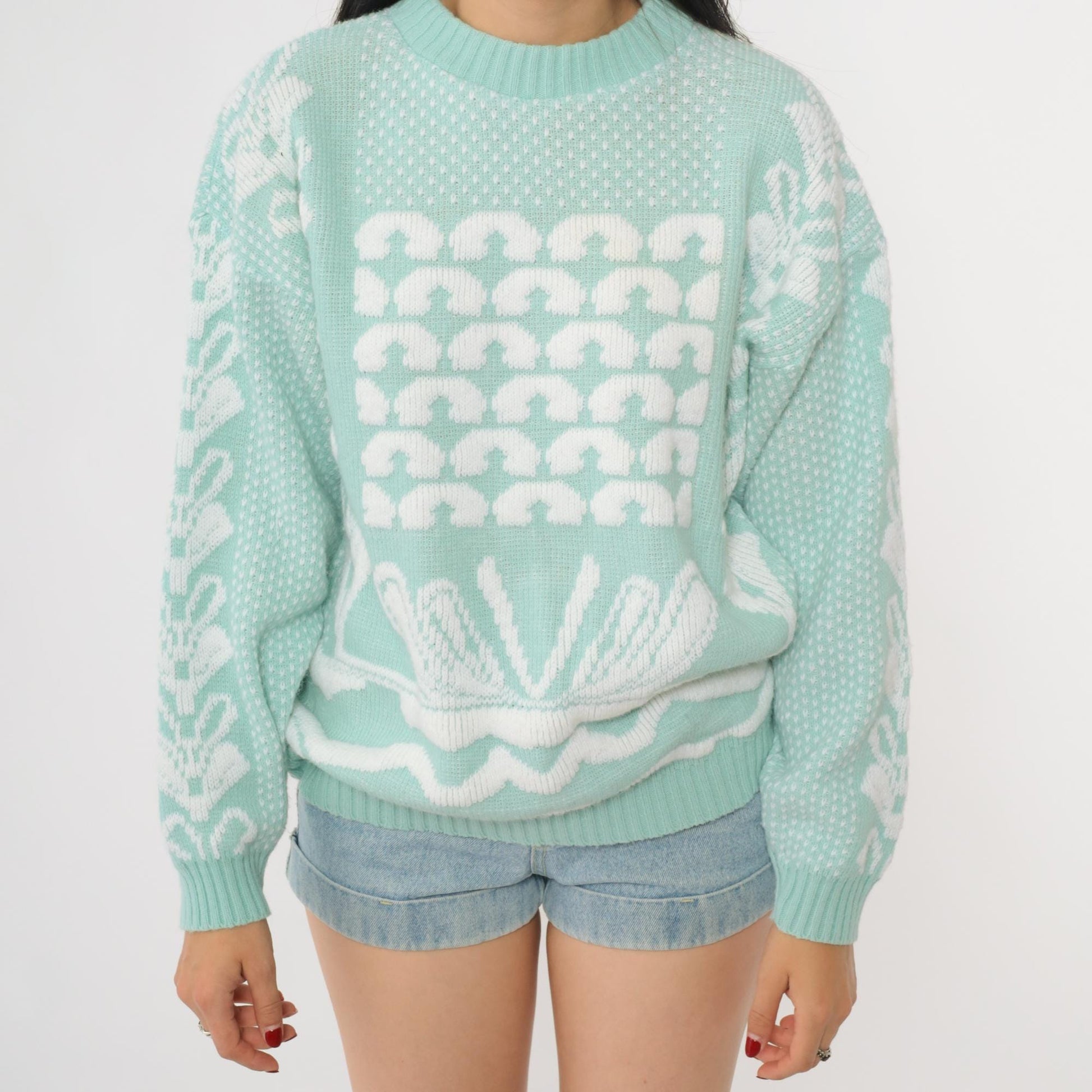 80s Mint Green Geometric Knit Sweater Crewneck Pullover Medium Petite