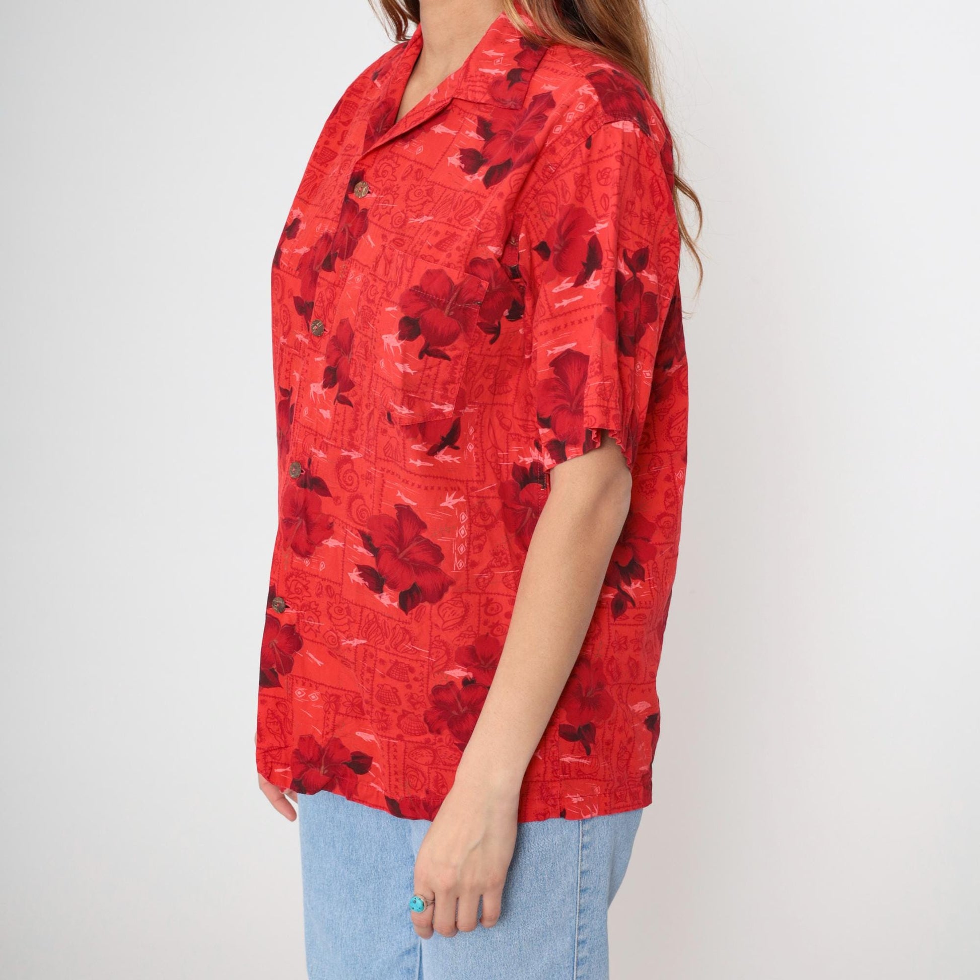 70s Hawaiian Shirt Red Floral Hibiscus Fish Print Cotton Button Up Medium