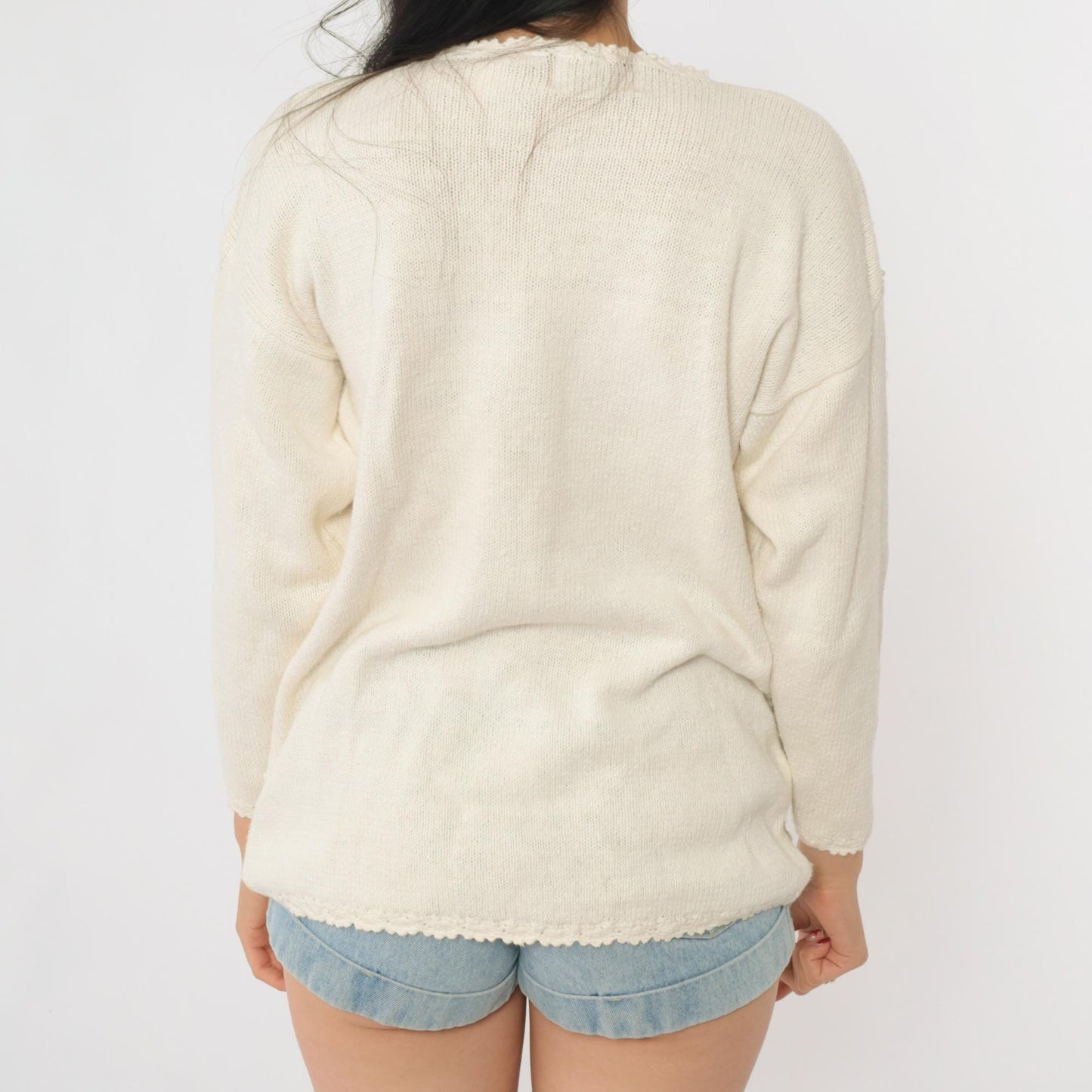 90s Carolyn Taylor Cream Floral Embroidered Sweater Small S
