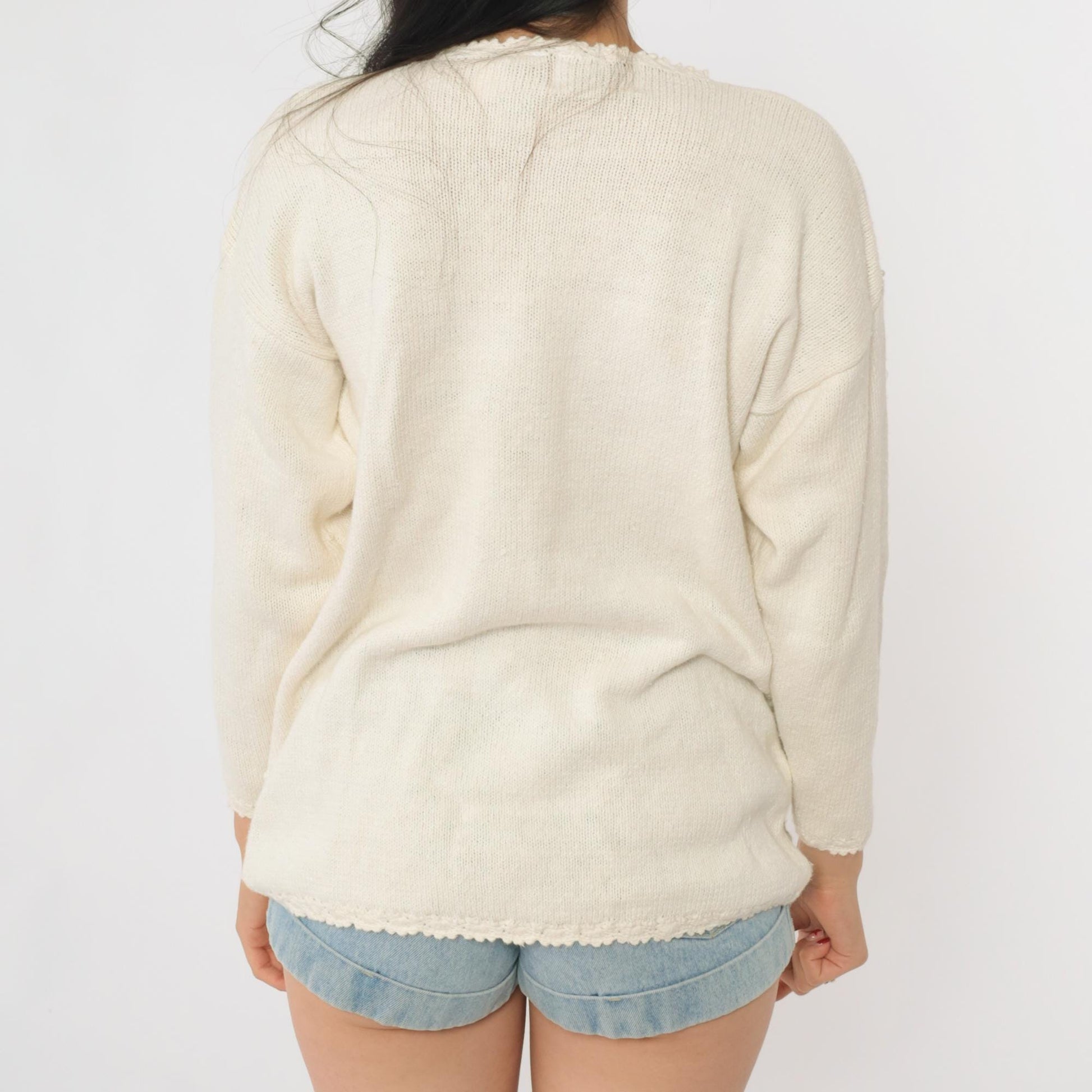 90s Carolyn Taylor Cream Floral Embroidered Sweater Small S