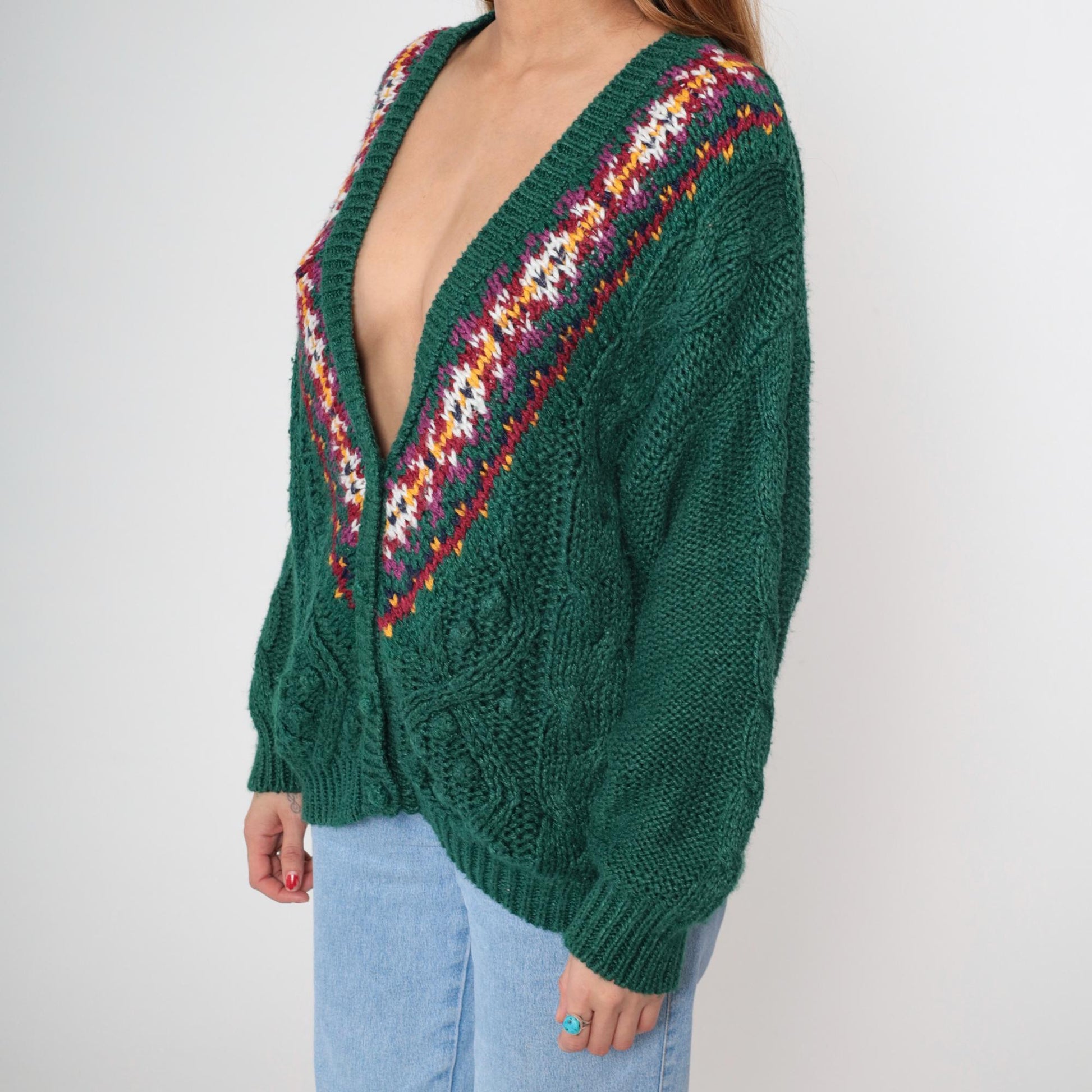 90s Contrasts Cable Knit Cardigan Forest Green Fair Isle V-Neck Medium M