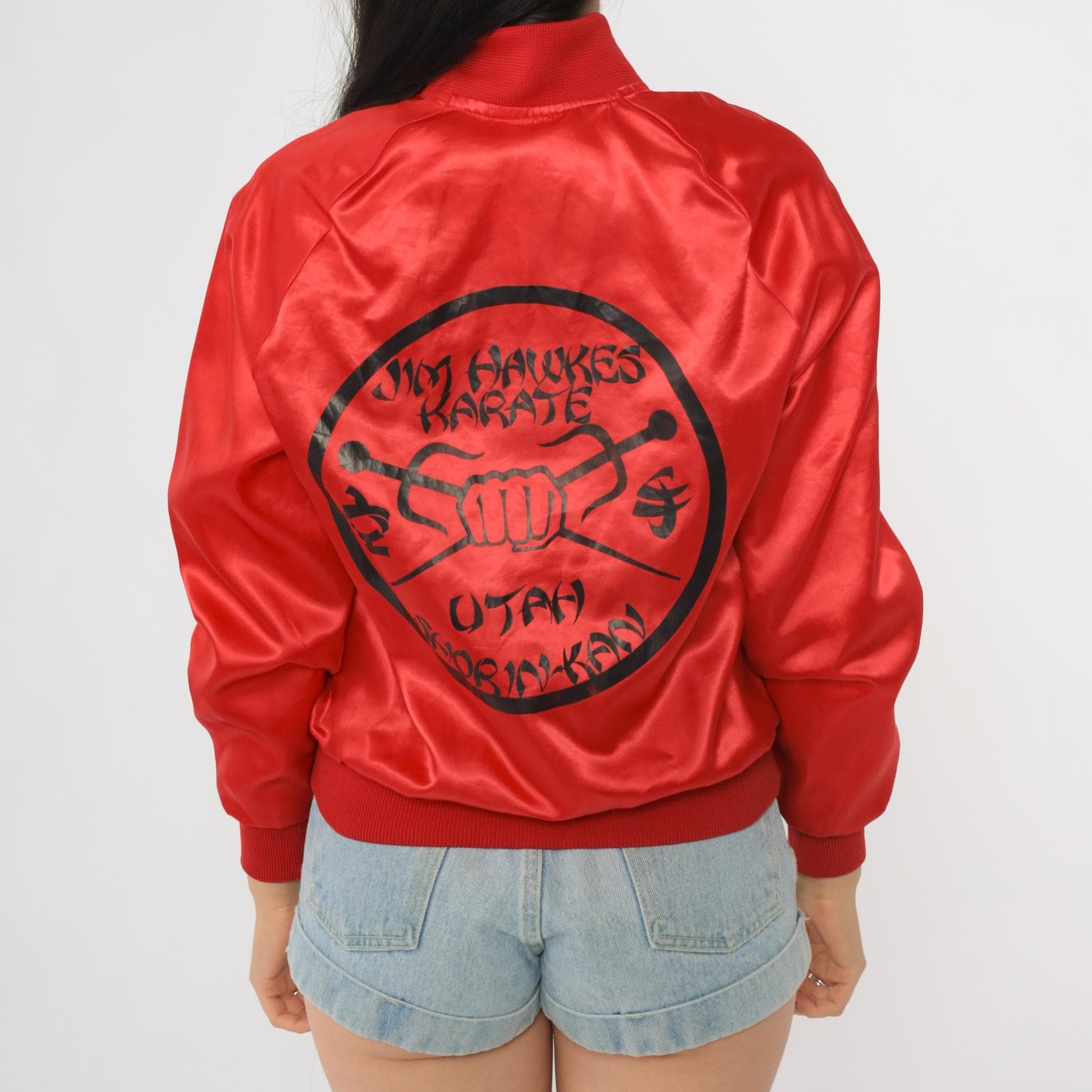 90s Capricorn Red Satin Bomber Jacket Karate Patch Medium