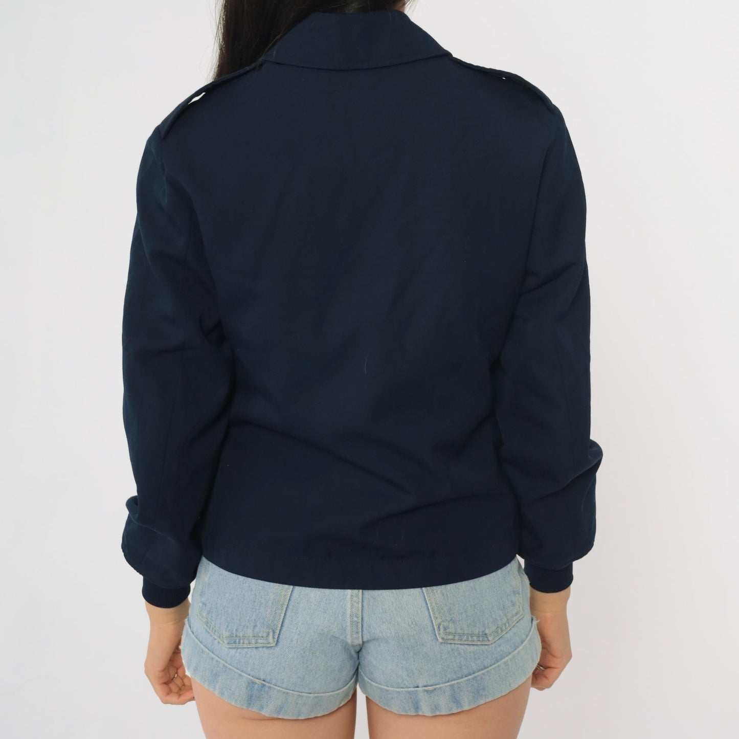 Y2K Navy Bomber Jacket Wool Blend Zip Front Ribbed Cuffs Small S
