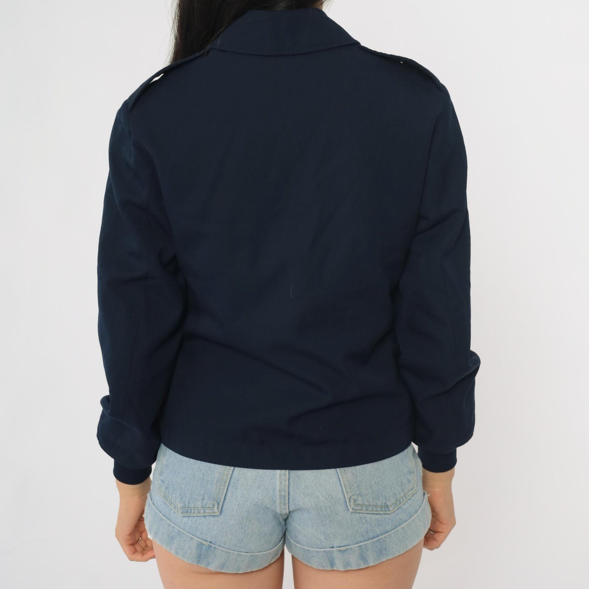 Y2K Navy Bomber Jacket Wool Blend Zip Front Ribbed Cuffs Small S