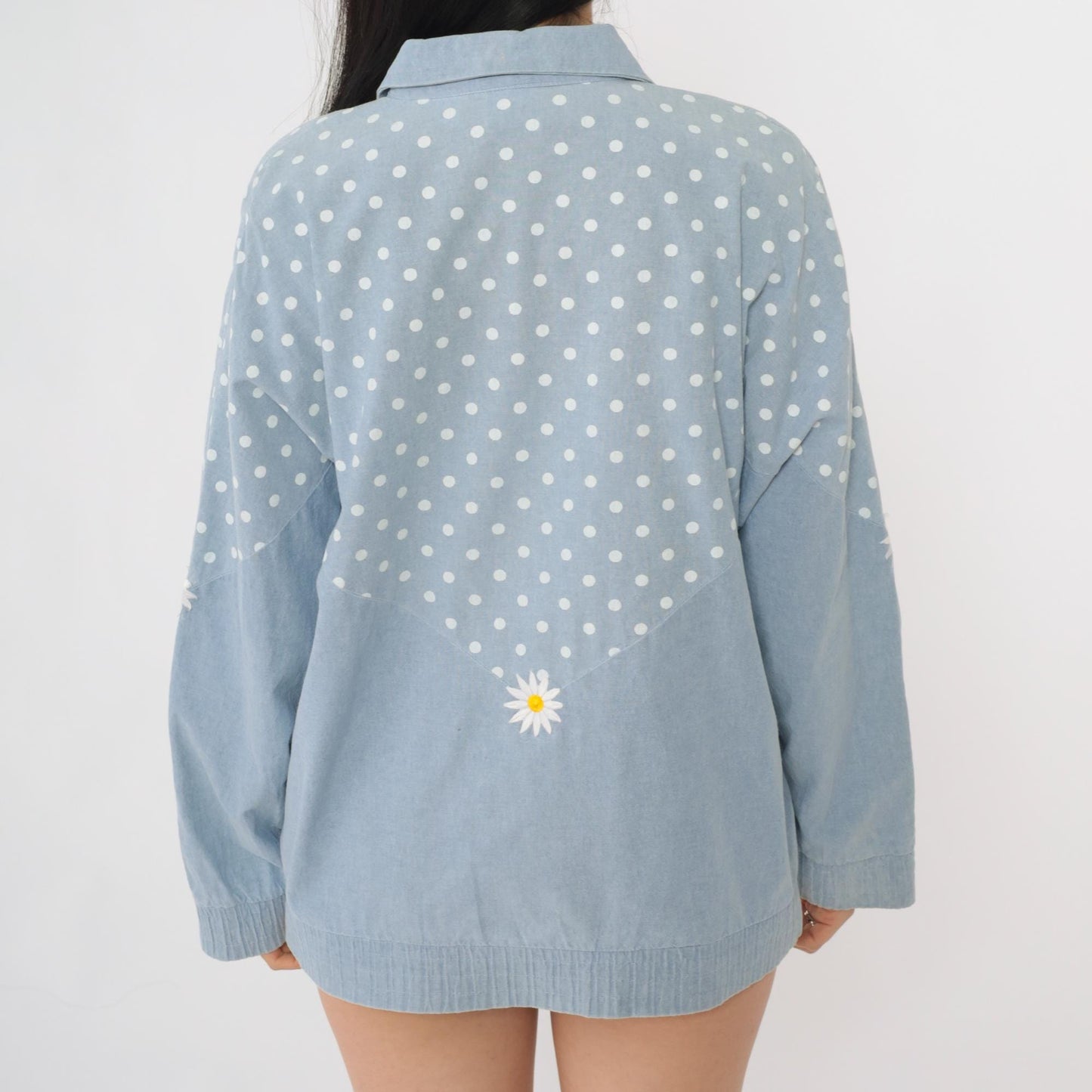 90s Gepetto Blue Polka Dot Daisy Embroidered Cotton Jacket Small