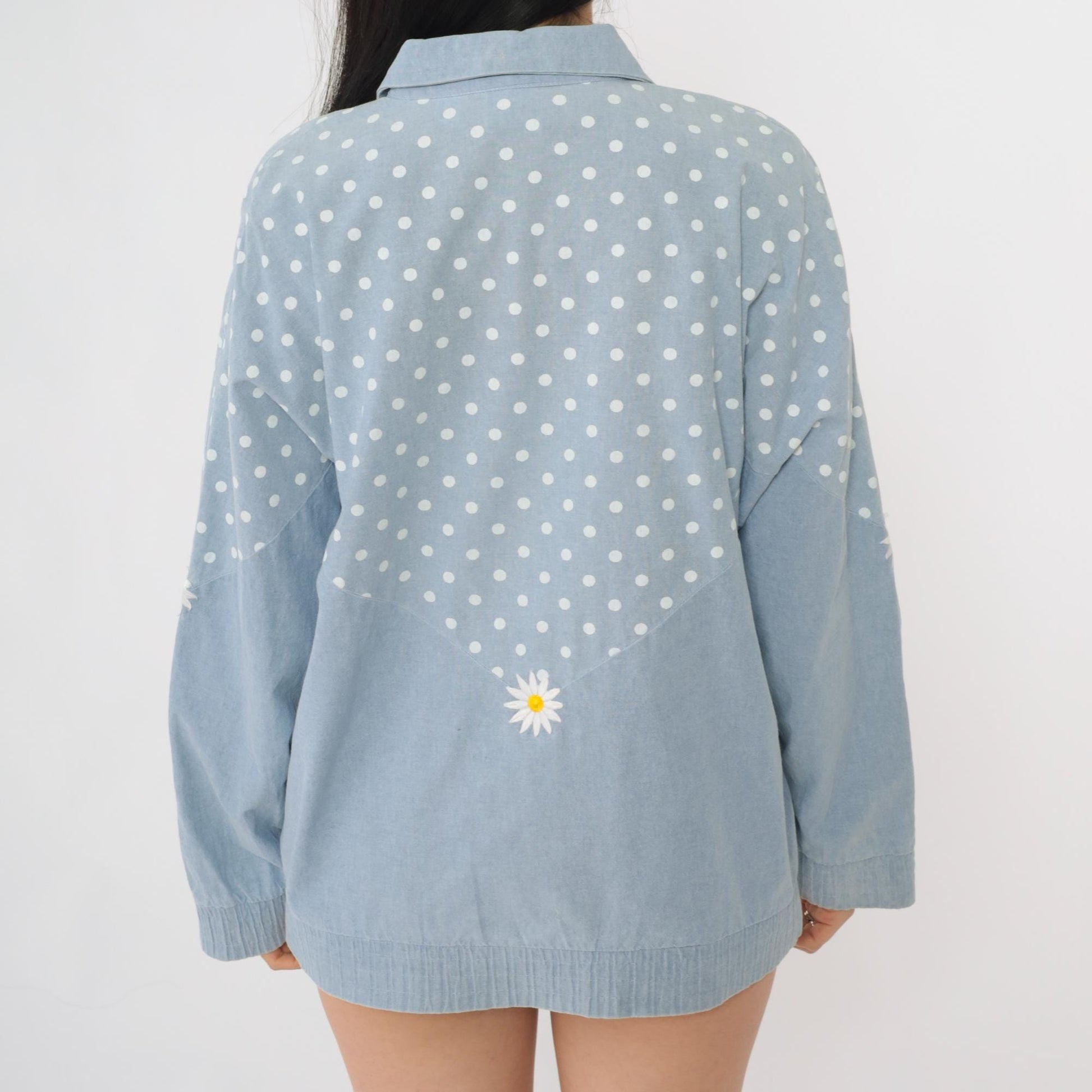 90s Gepetto Blue Polka Dot Daisy Embroidered Cotton Jacket Small
