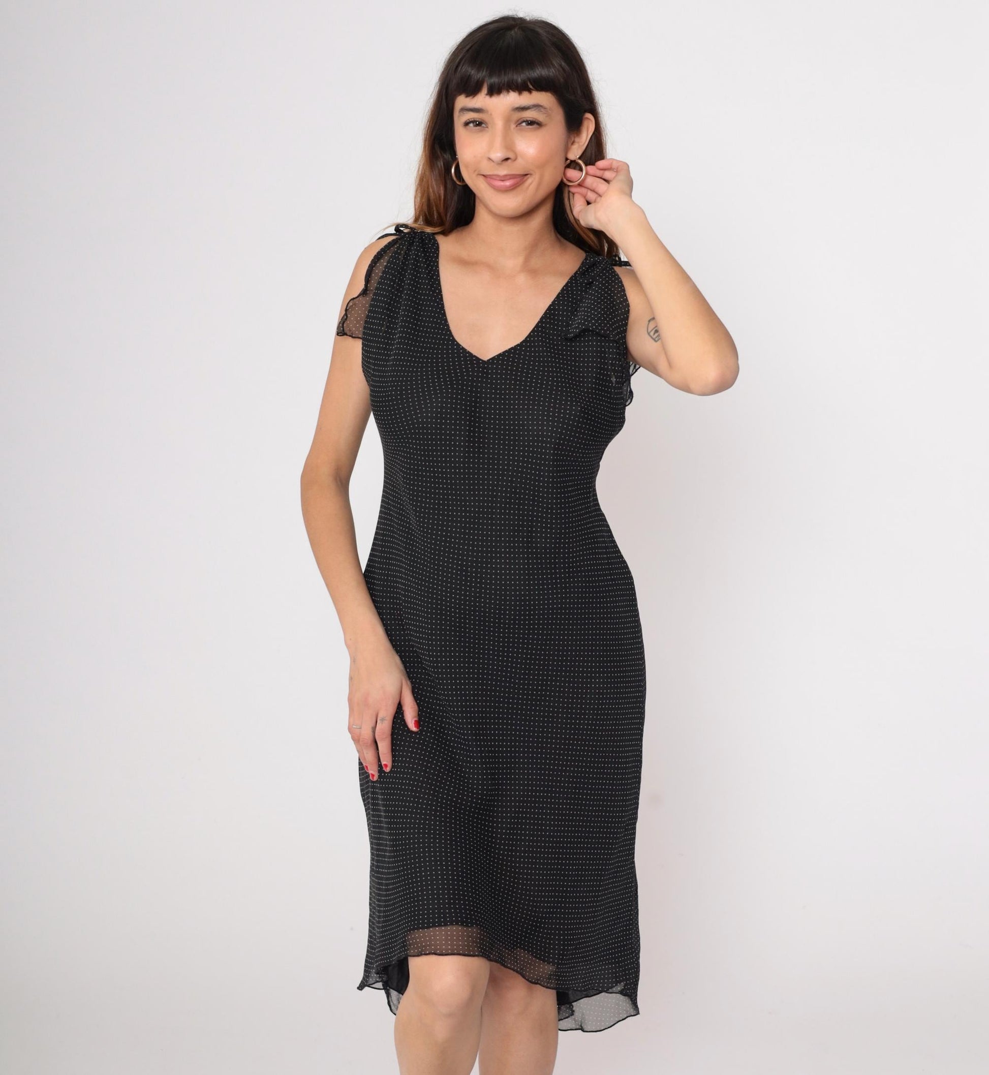 90s Black Swiss Dot Midi Dress Sleeveless V-Neck Tie Shoulder Chiffon Medium