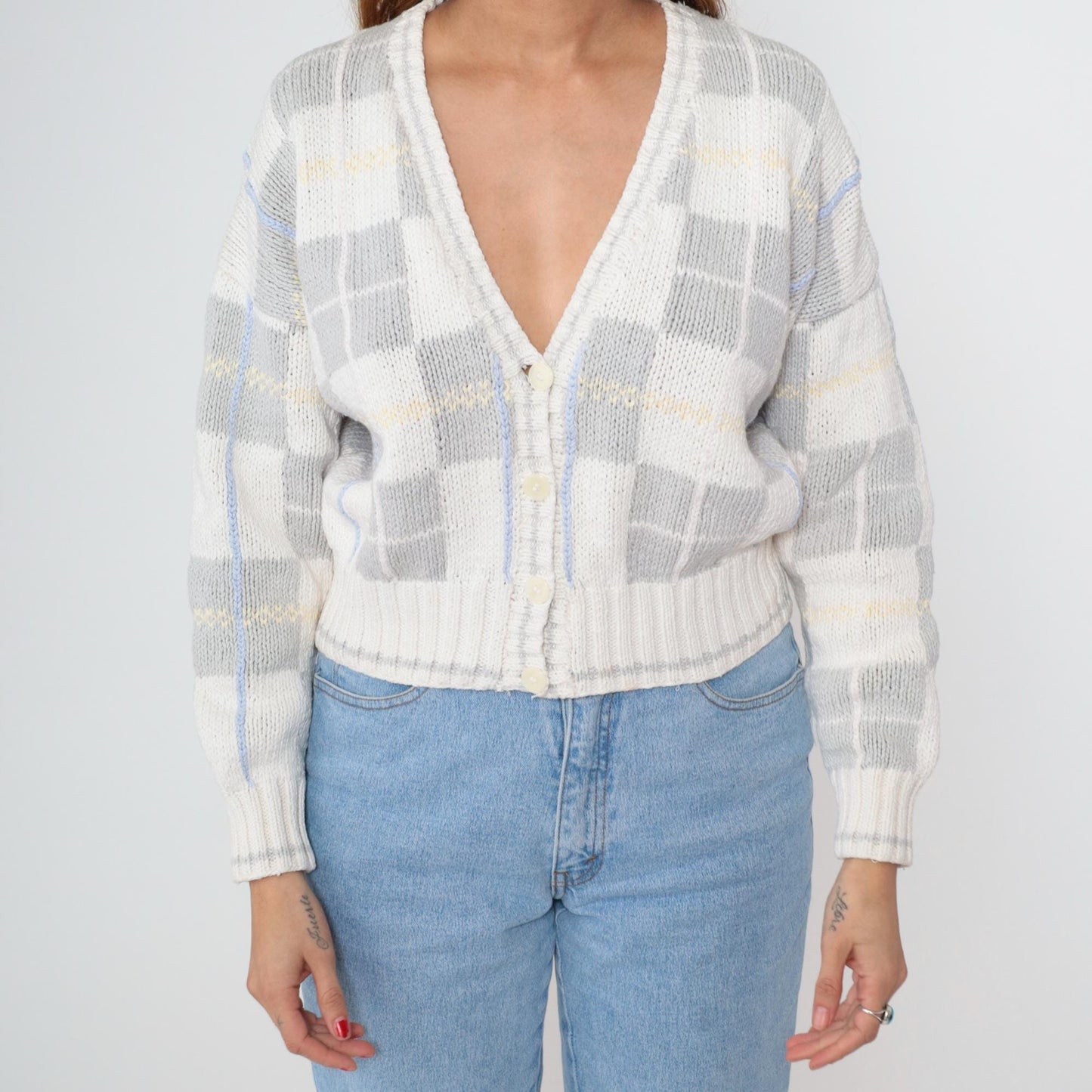 90s Liz Sport Cropped Cardigan Pastel Stripe V-Neck Cotton Medium M