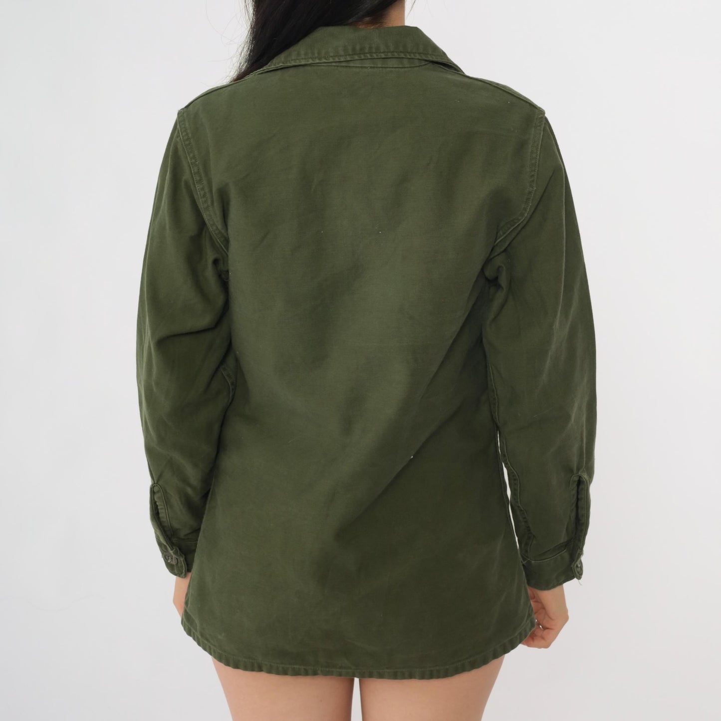 80s Army Green Military Utility Button-Down Shirt Cotton Sateen Small