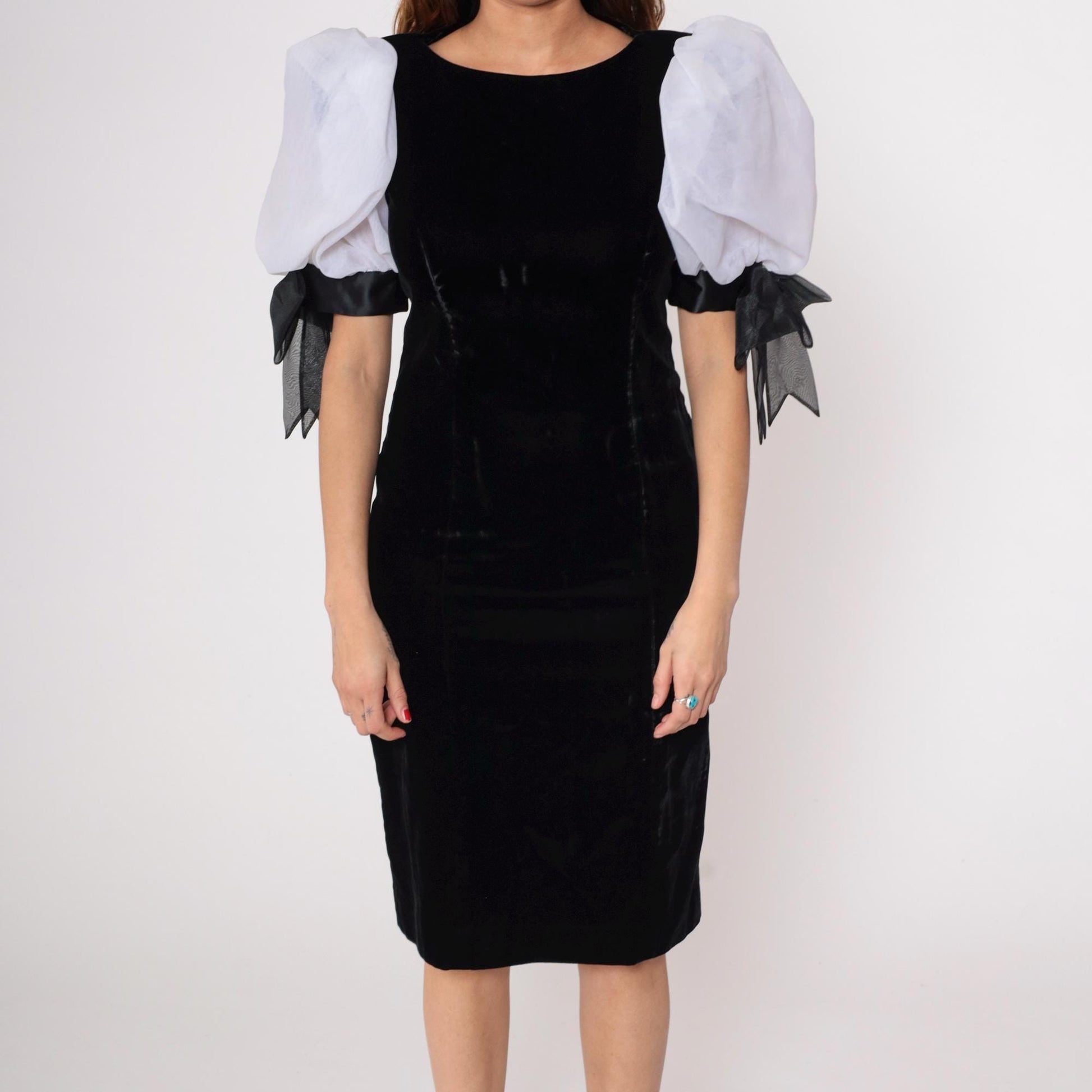 80s Rimini Black Velvet Midi Dress Puff Sleeves White Bow Ties Medium