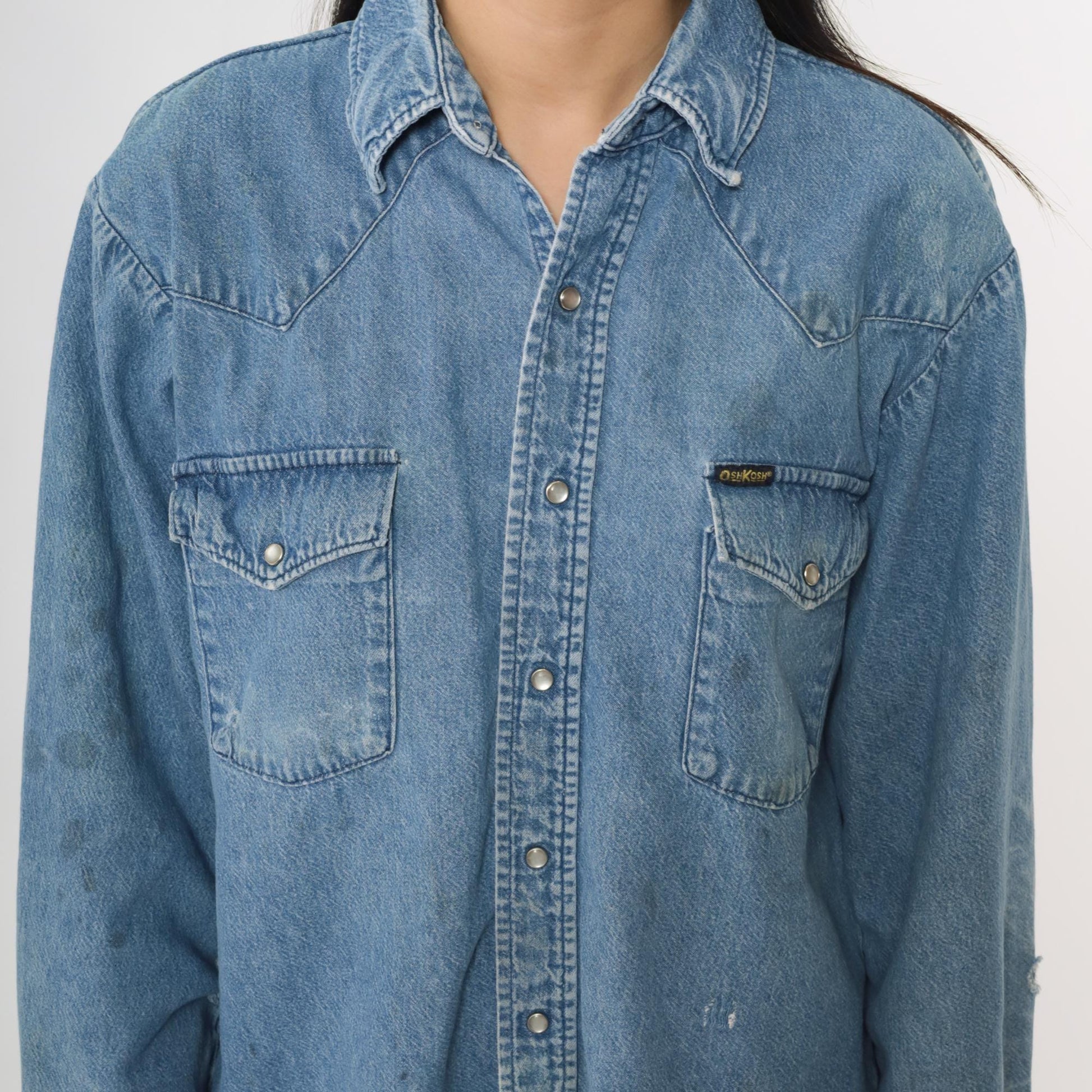 90s Osh Kosh Light Blue Denim Shirt Snap Button Western Medium