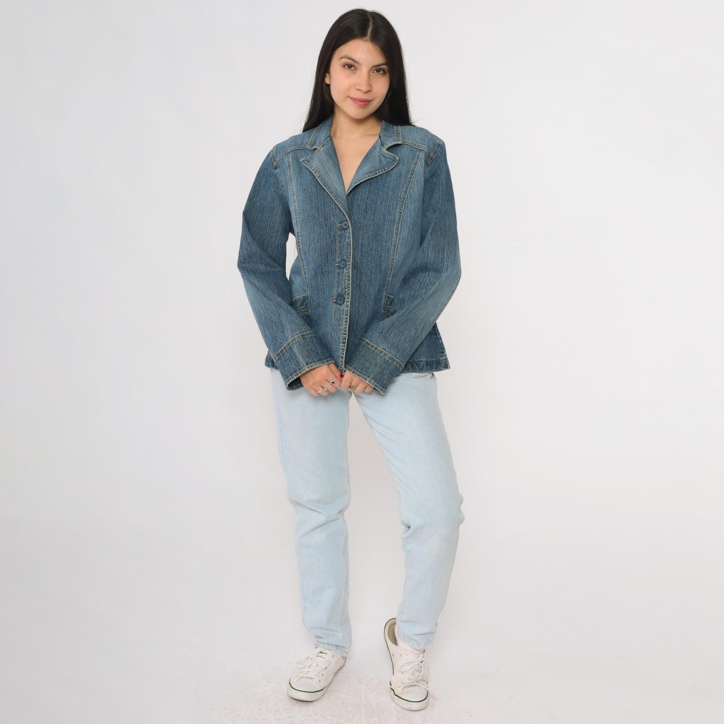 Y2K St Johns Bay Denim Blazer Blue Button Front Tailored Jacket Large L