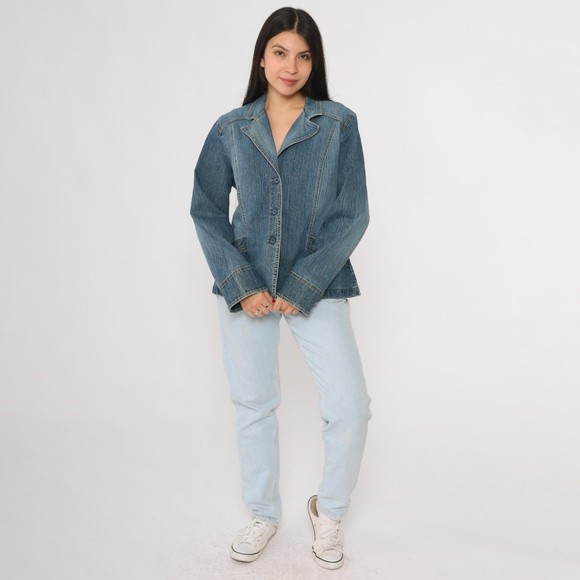 Y2K St Johns Bay Denim Blazer Blue Button Front Tailored Jacket Large L