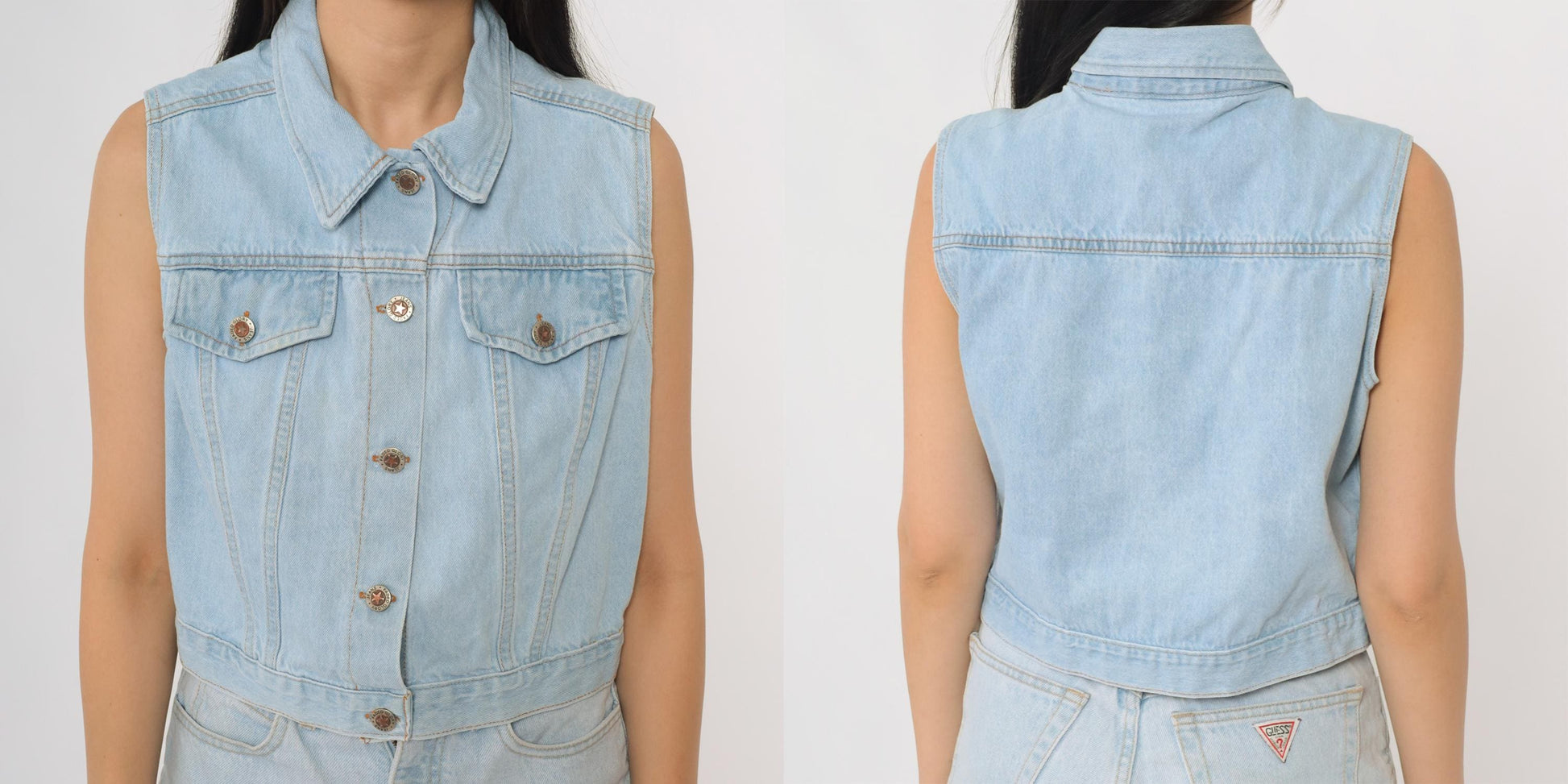 90s Faded Glory Light Wash Denim Vest Button Front Pointed Collar Large L