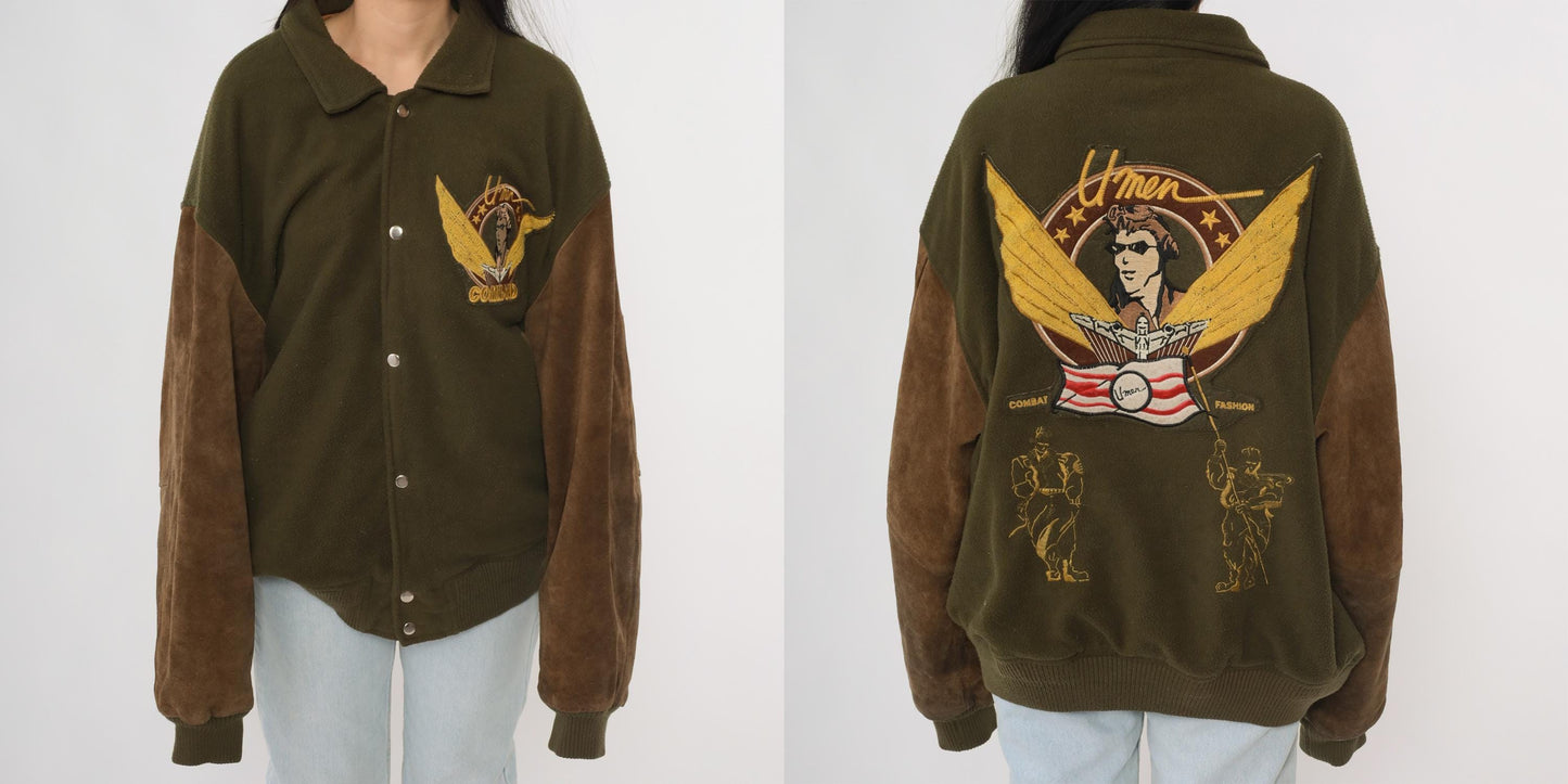 80s Aviator Bomber Jacket Green Suede Sleeves Pilot Embroidery Extra Large XL