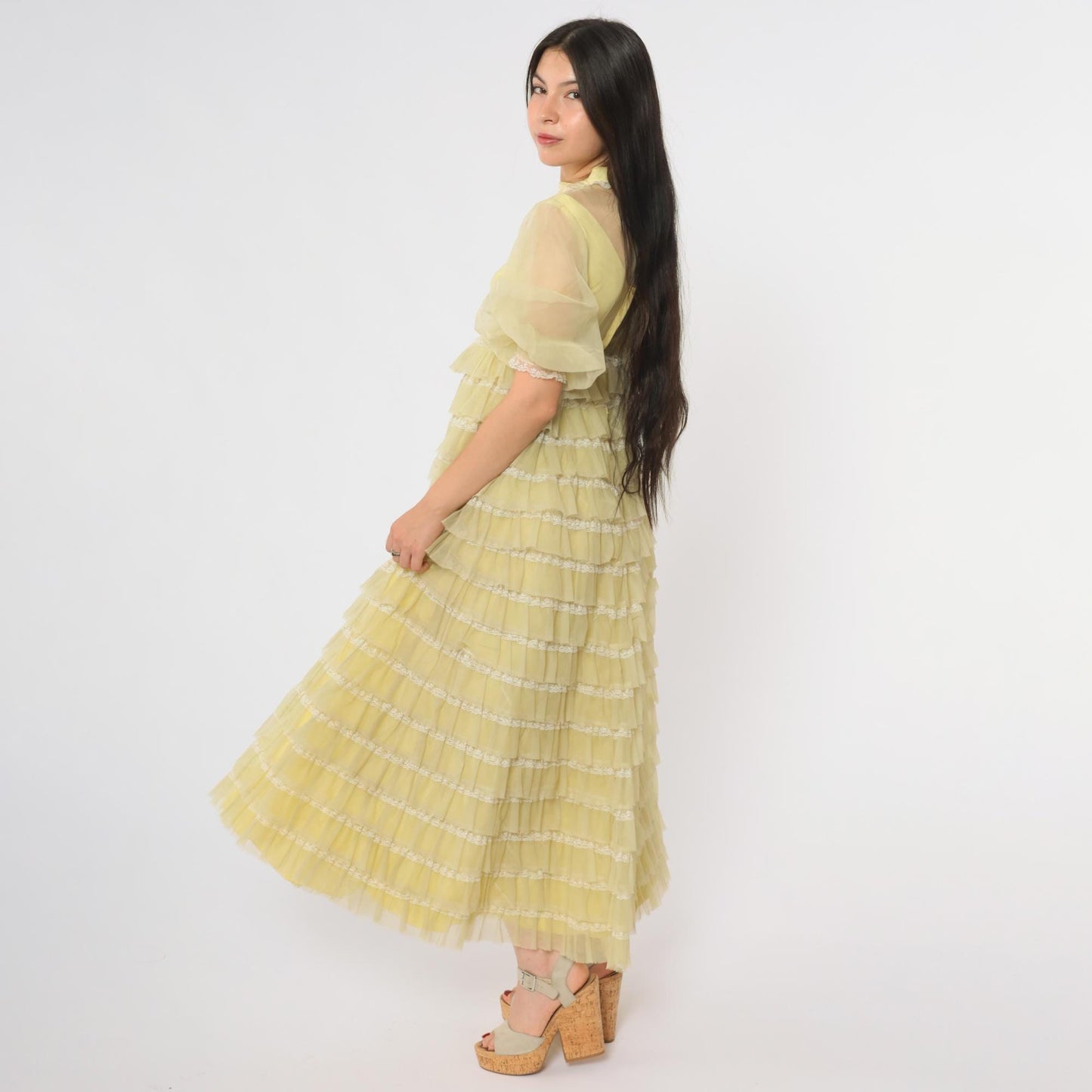 60s Yellow Maxi Dress Tiered Puff Sleeve Lace Trim Extra Small XS