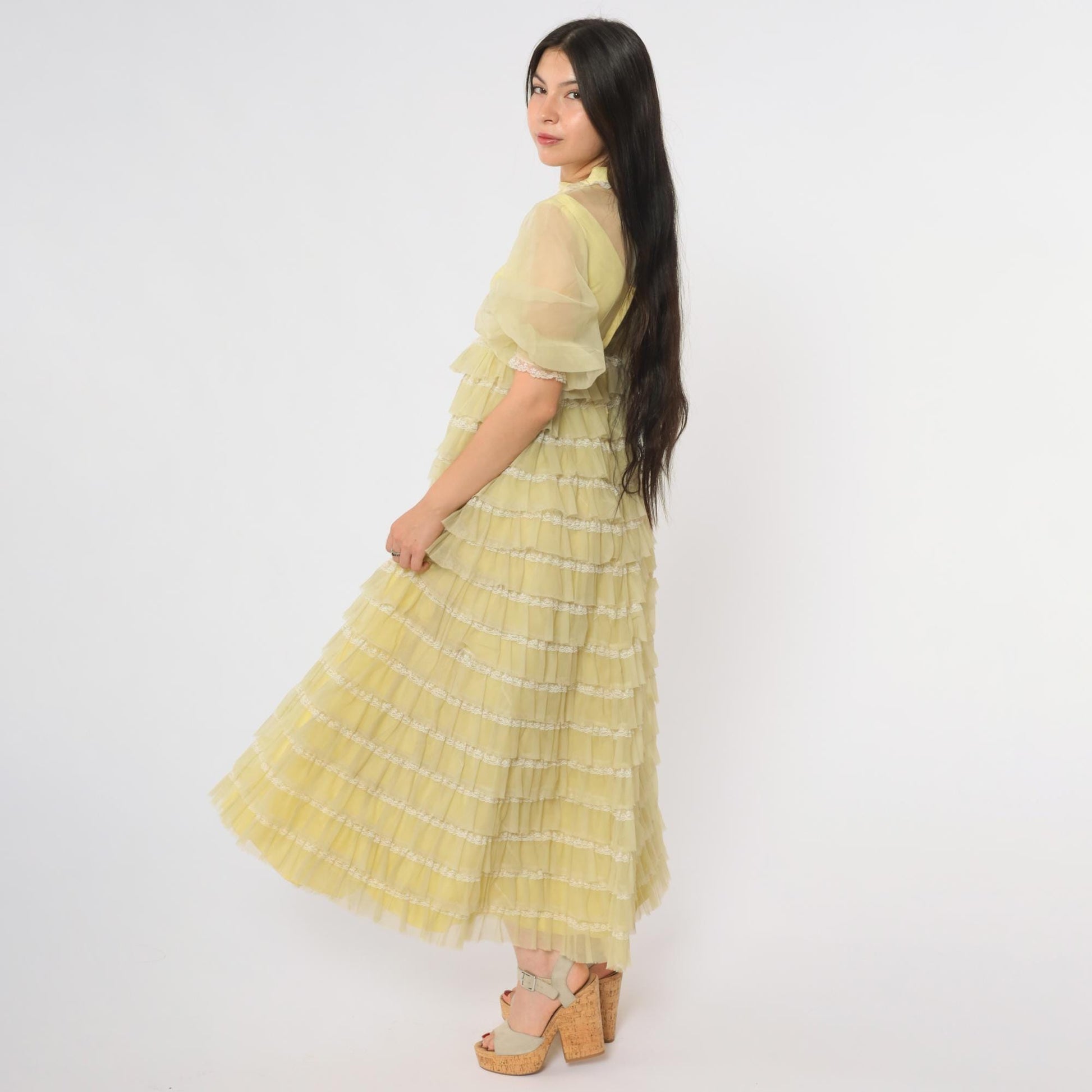 60s Yellow Maxi Dress Tiered Puff Sleeve Lace Trim Extra Small XS