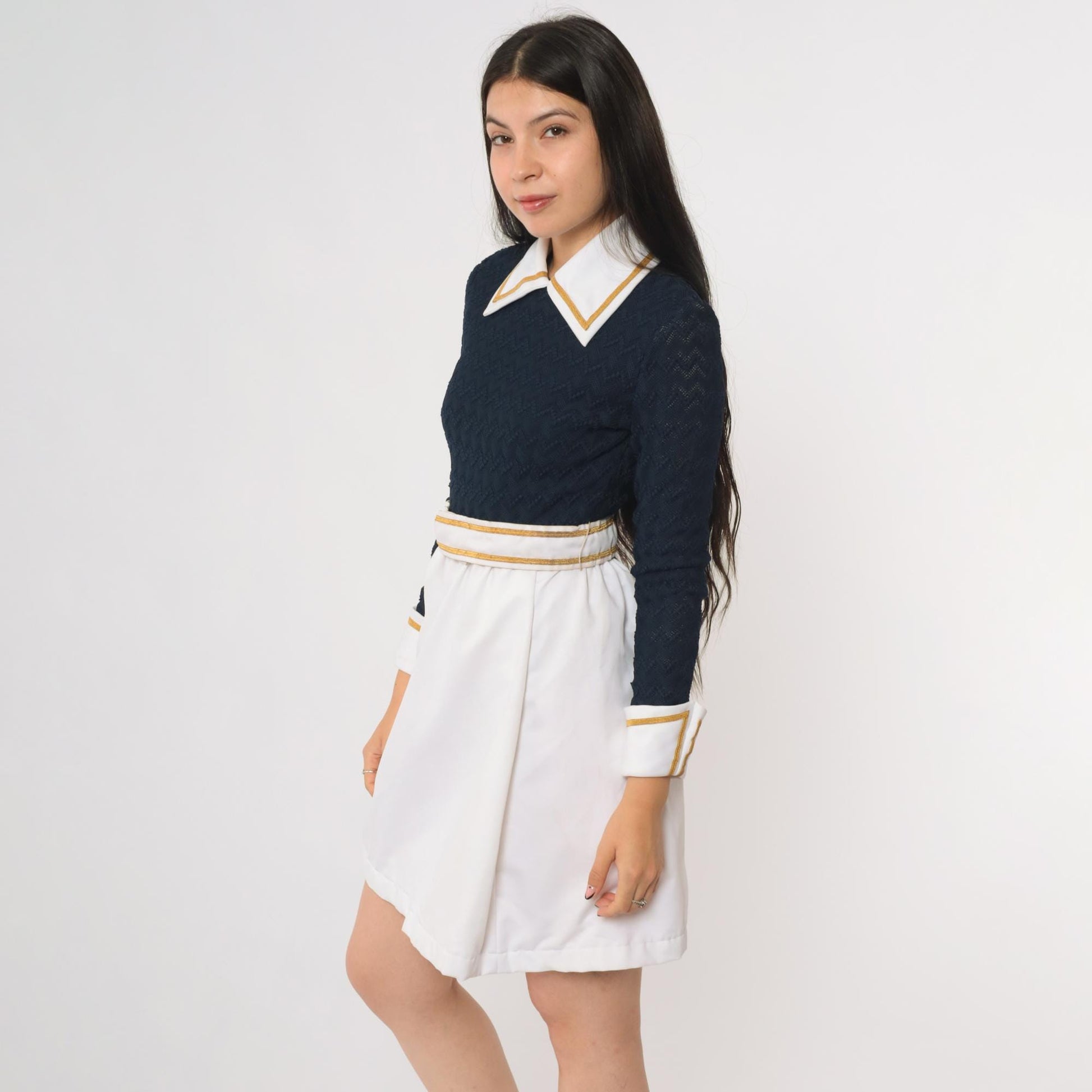 70s Navy Mini Dress Peter Pan Collar Gold Trim A-Line Long Sleeve Extra Small