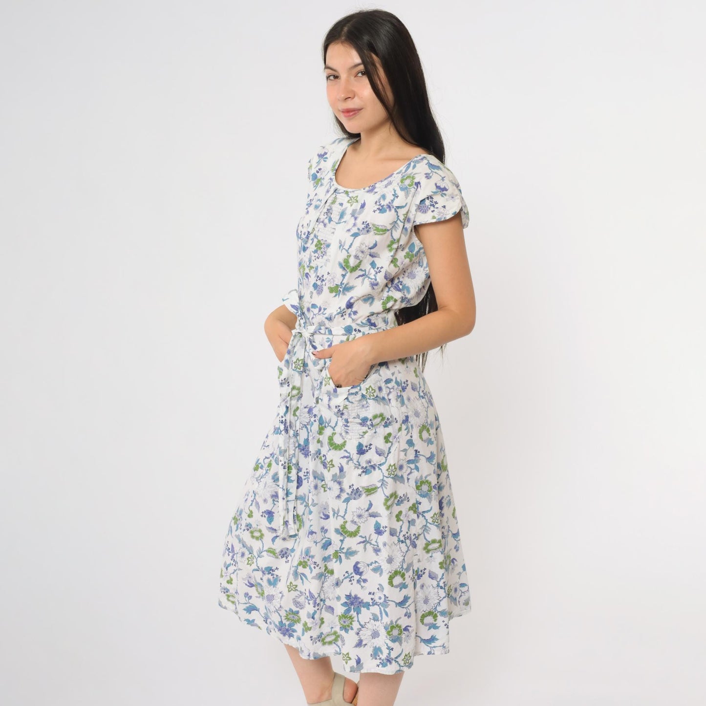 60s Swirl Floral Wrap Dress Blue White Cap Sleeve Midi Tie Waist Medium M