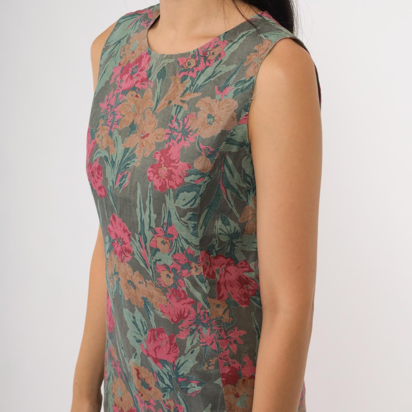 90s Floral Shift Dress Grey Green Pink Brown Botanical Midi Sleeveless Small