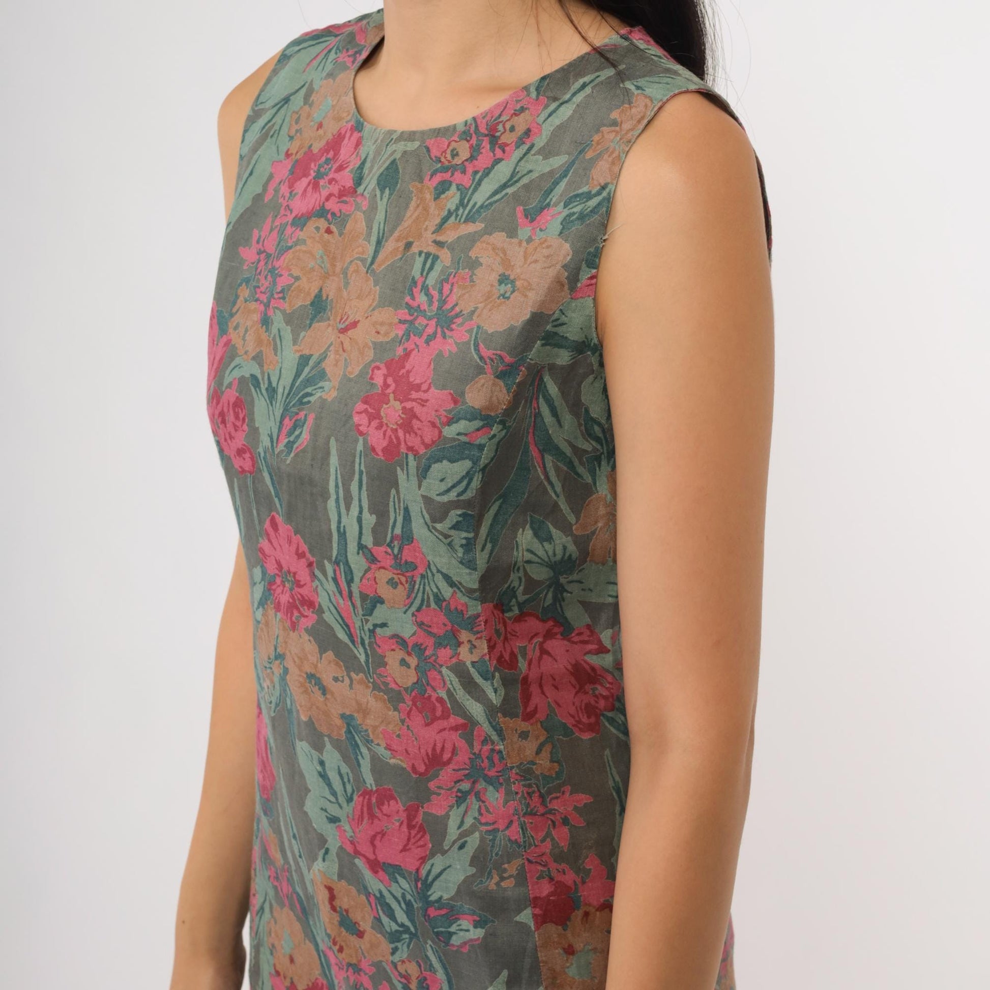 90s Floral Shift Dress Grey Green Pink Brown Botanical Midi Sleeveless Small
