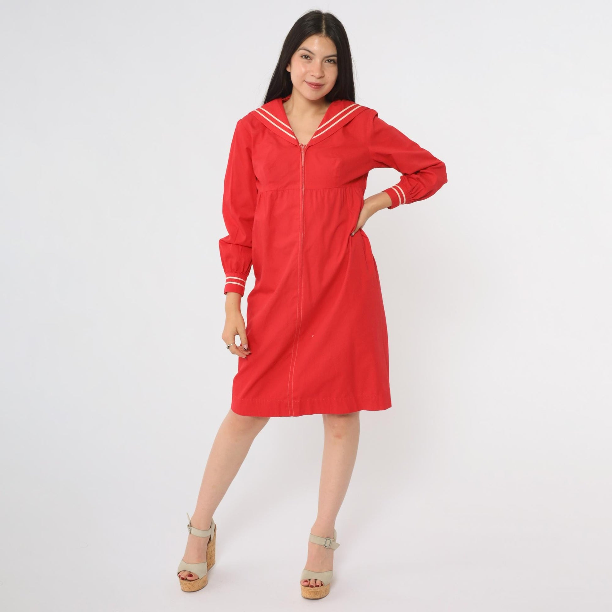 60s Mr. Aref California Red Sailor Dress White Stripe Midi A-Line Small
