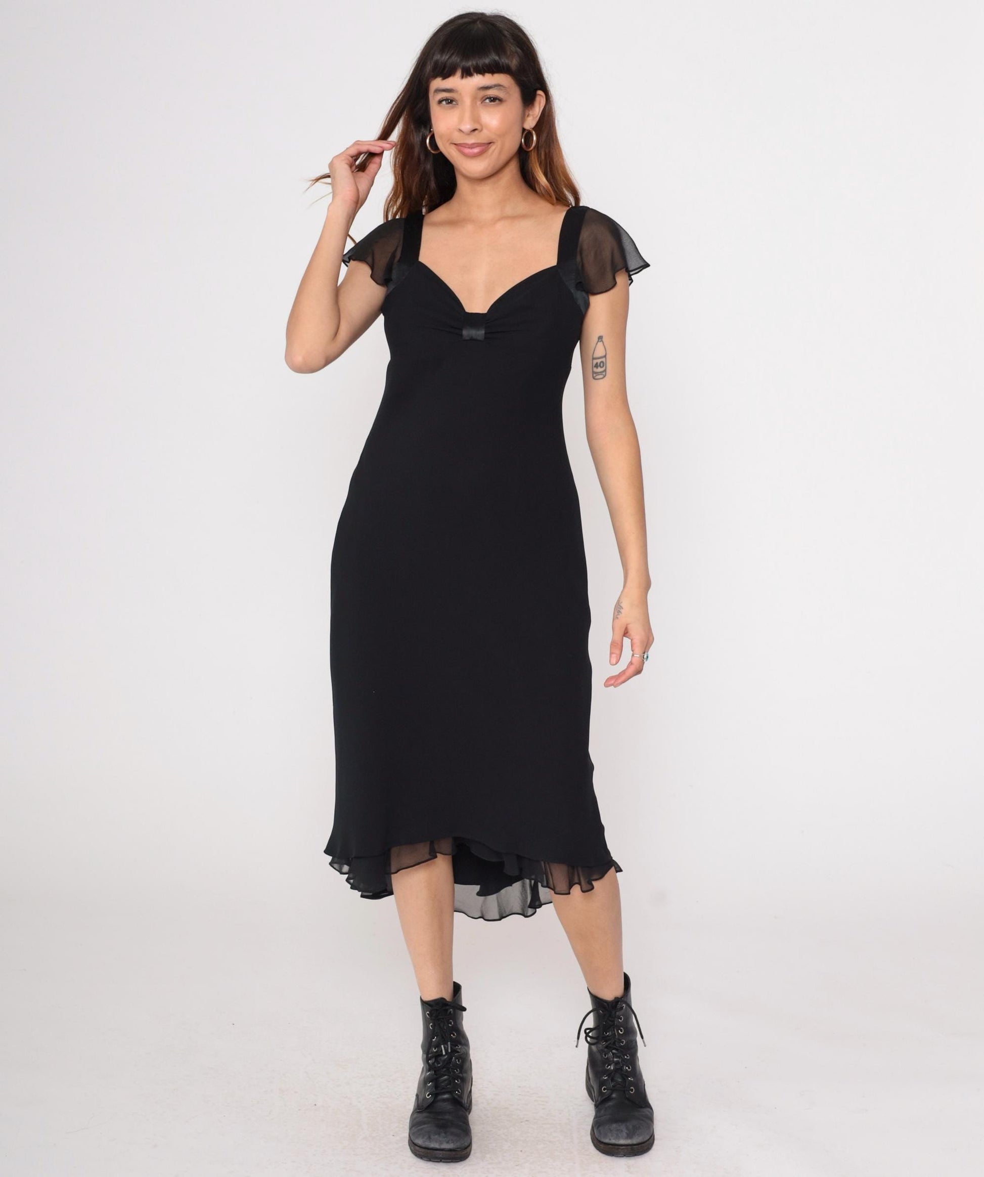 90s Jones Wear Black Chiffon Midi Dress Flutter Sleeve V-Neck Medium