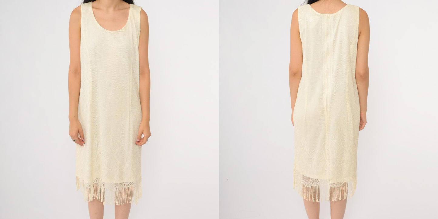 90s Onyx Nite Cream Metallic Fringe Midi Dress Scoop Neck Sleeveless Extra Large