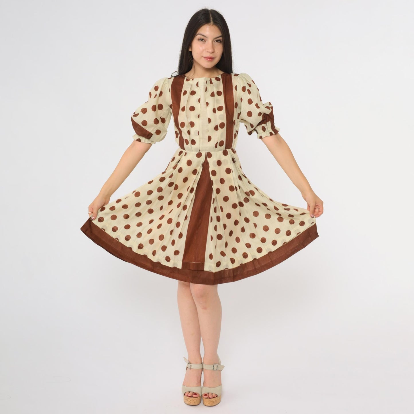 60s Brown White Polka Dot Puff Sleeve Dress Knee Length Extra Small XS