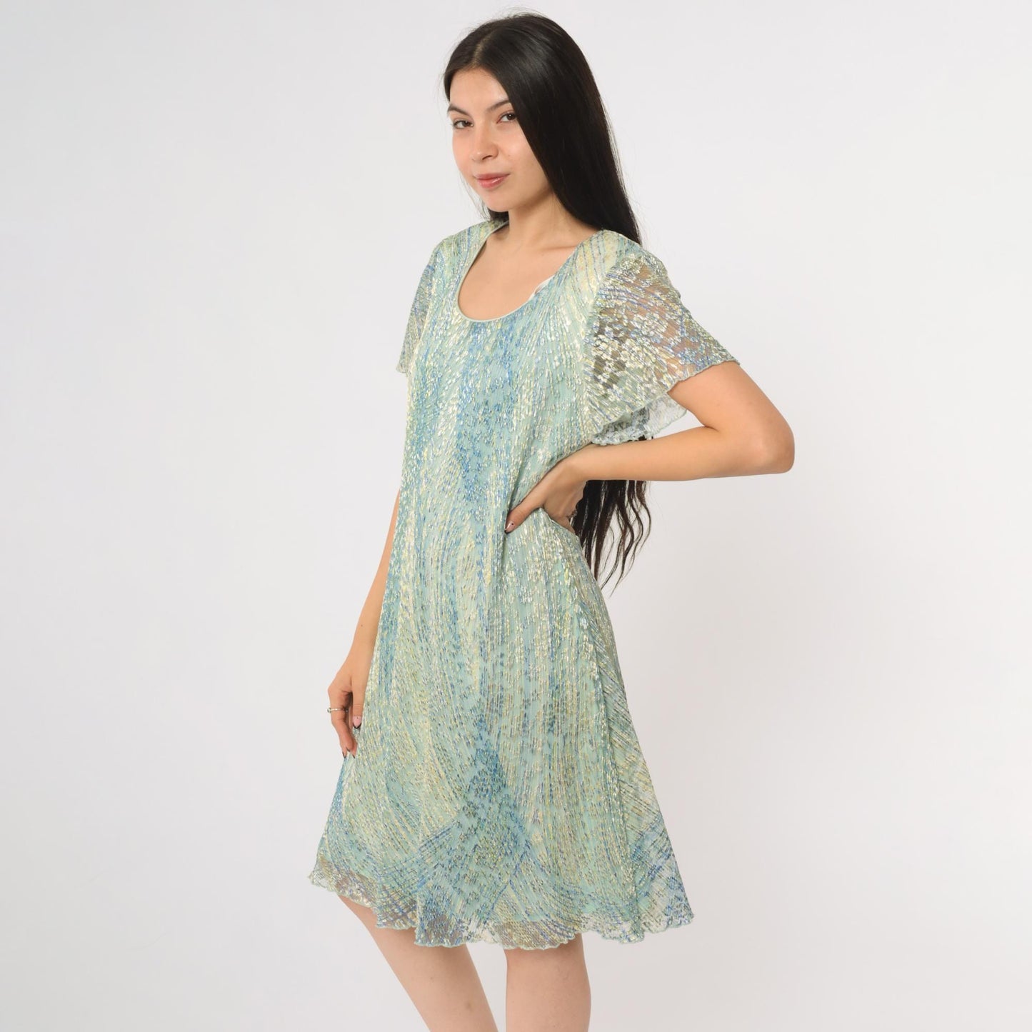 90s Ronni Nicole Iridescent Shimmer Shift Dress Blue Green Knee Length Large