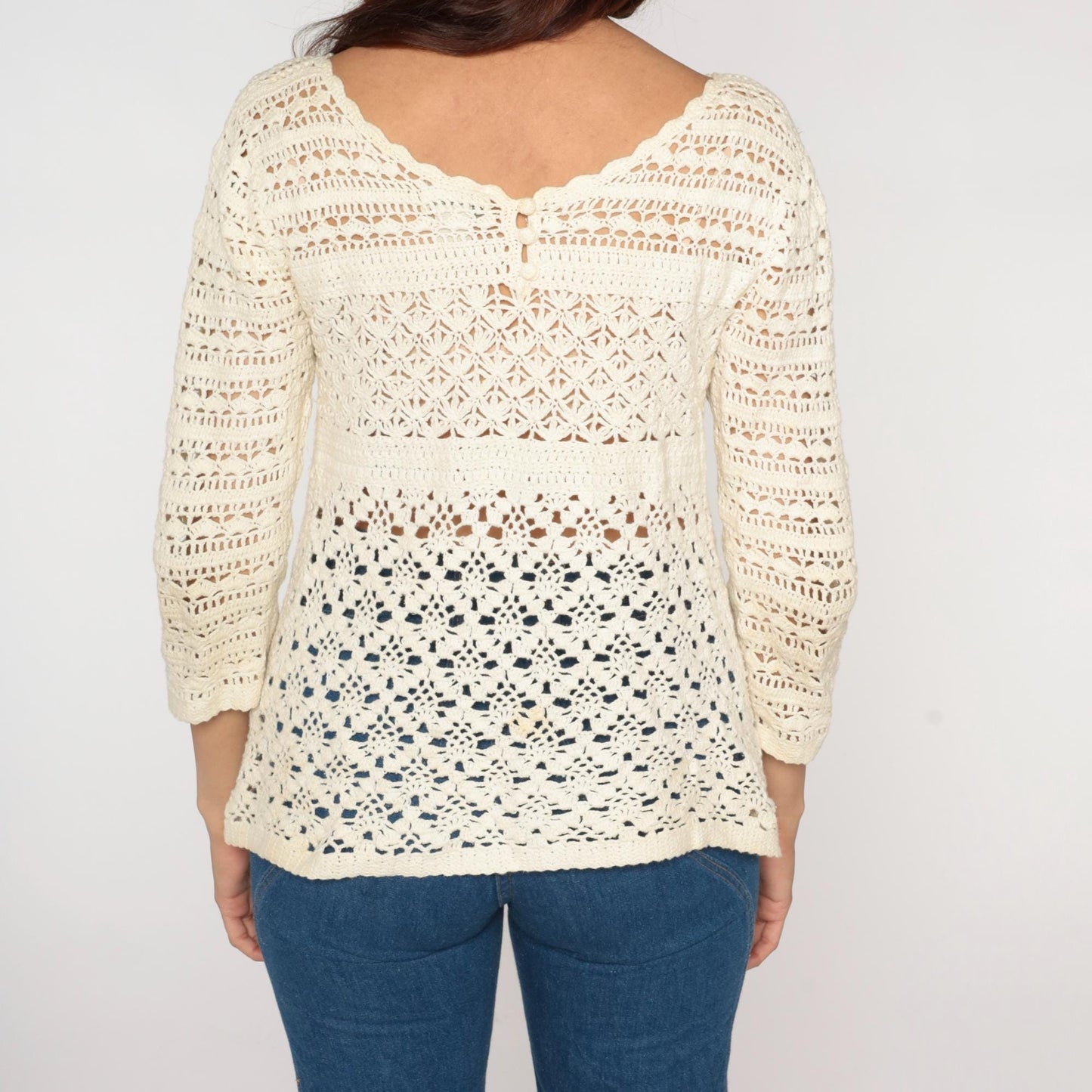 00s Lucky Brand Crochet Long Sleeve Top Cream Sheer Cutout Large L
