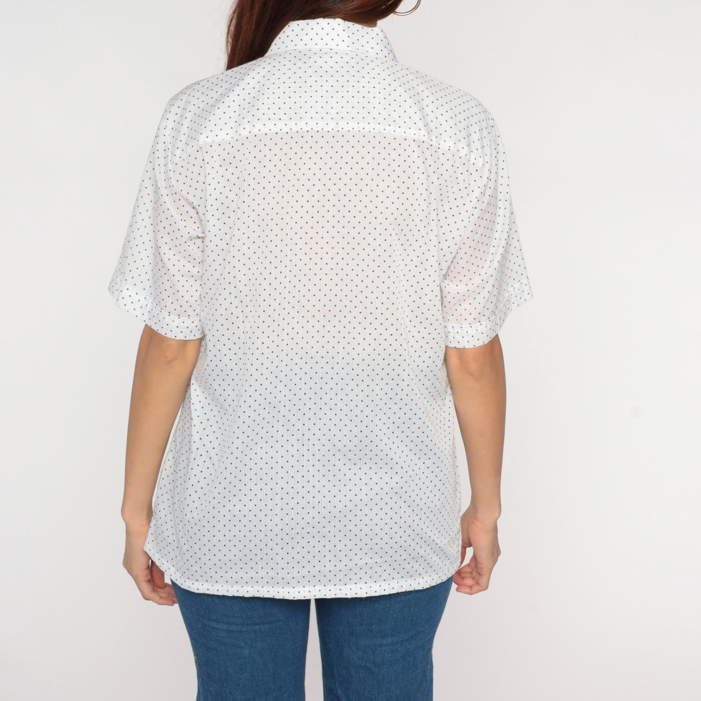 70s Polka Dot Button Up Shirt White Blue Short Sleeve Mens Medium
