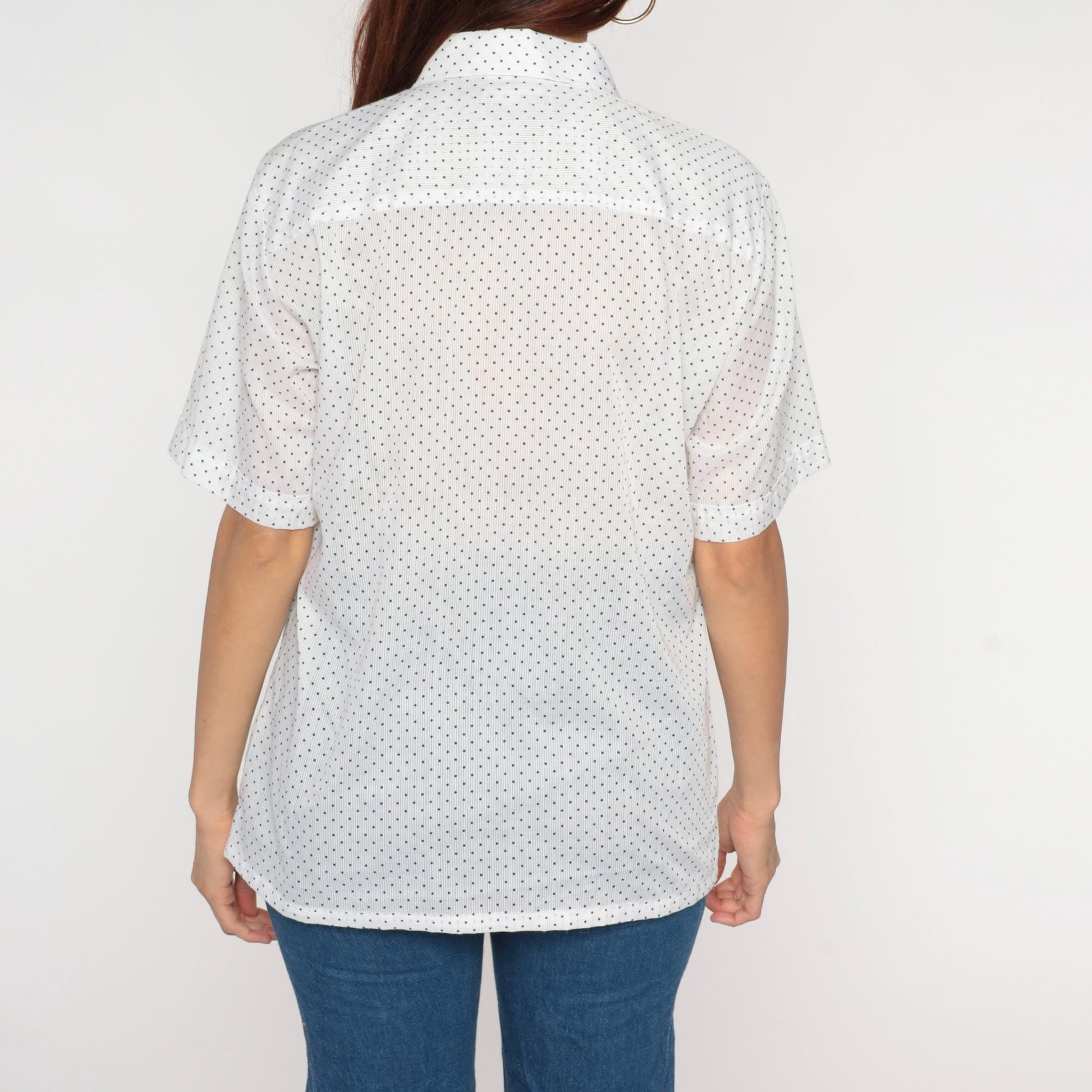 70s Polka Dot Button Up Shirt White Blue Short Sleeve Mens Medium