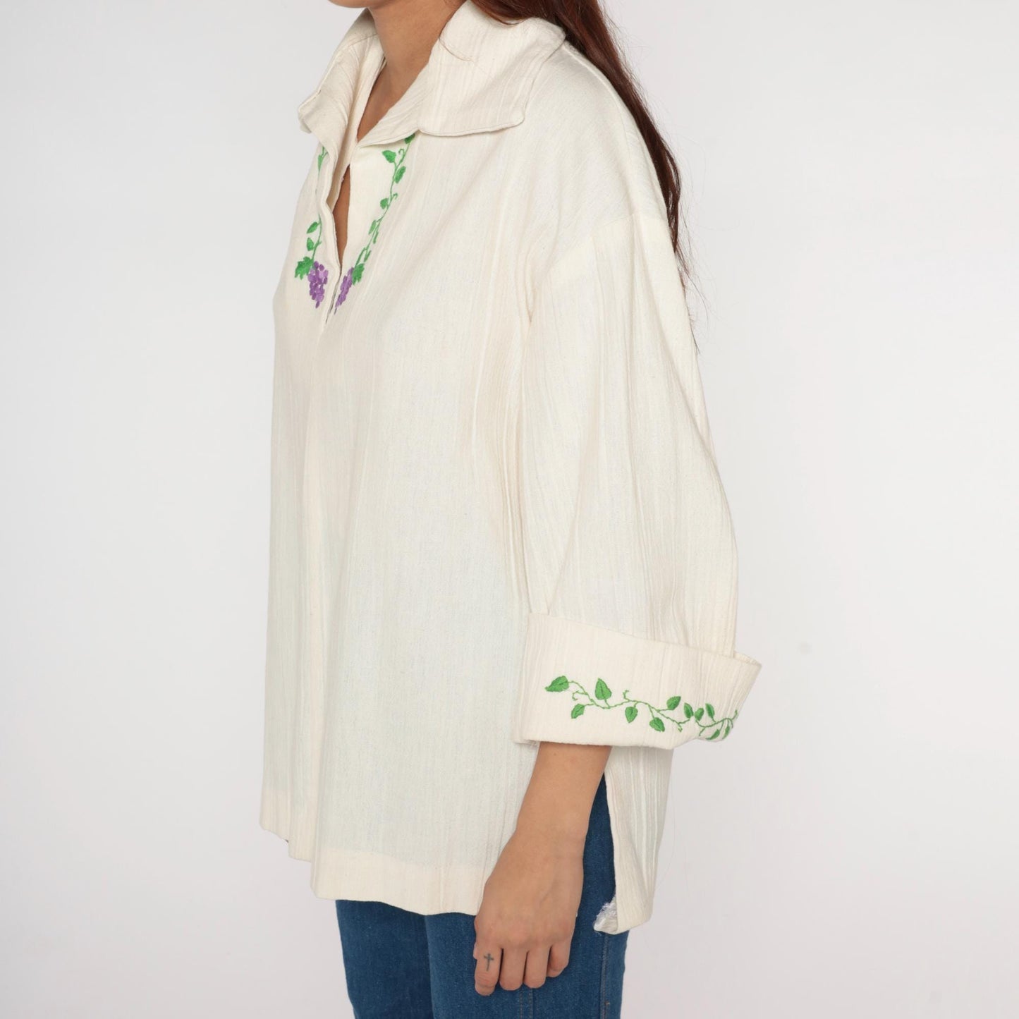 70s Cream Peasant Blouse Purple Grape Embroidery Bell Sleeves Large L