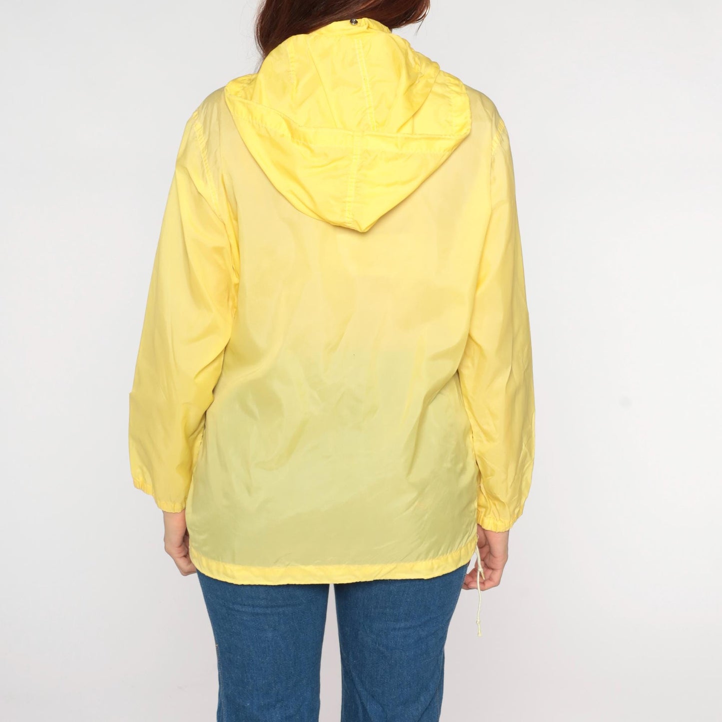 80s Yellow Nylon Hooded Windbreaker Jacket Zip-Up Medium M