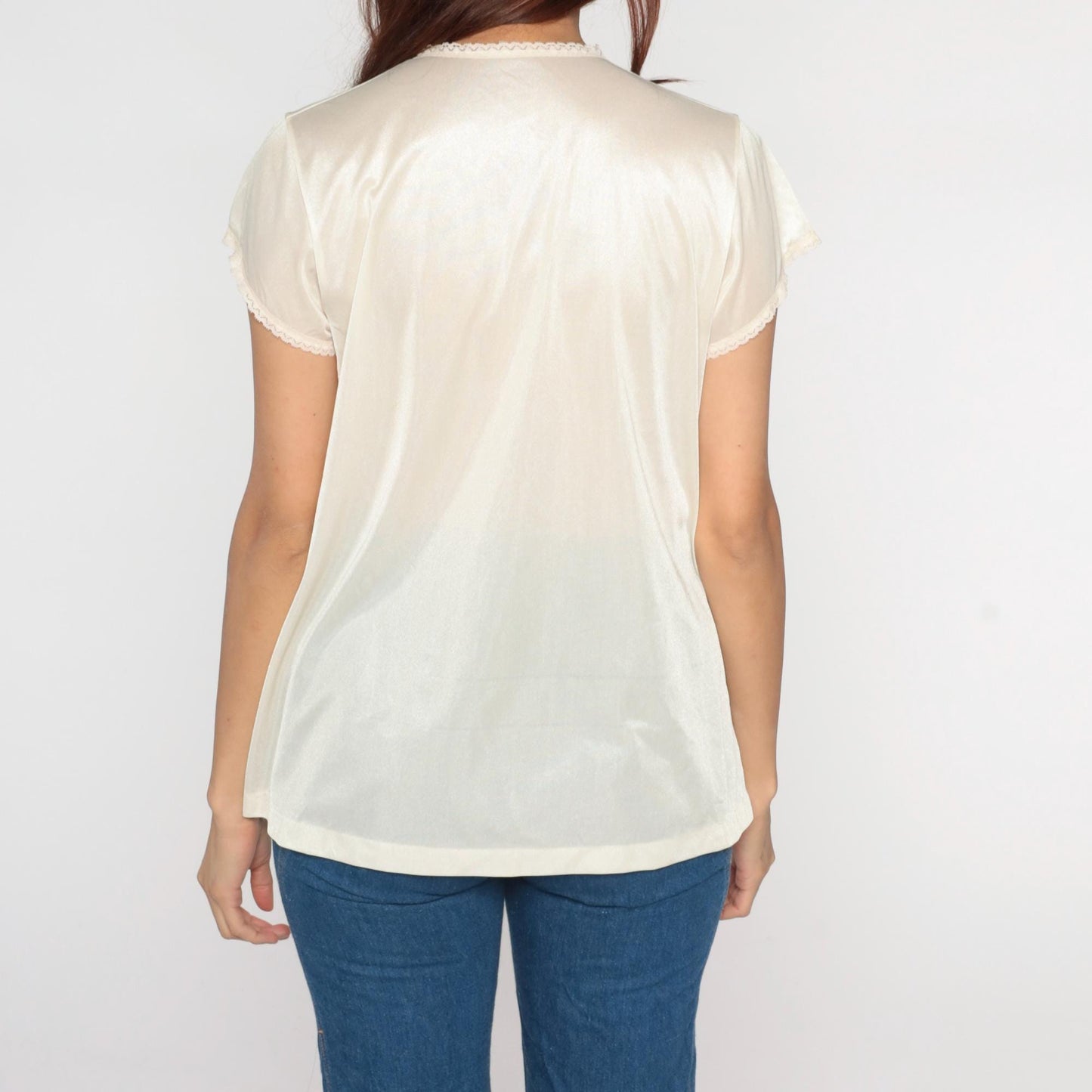 80s Sears Cream Lace Trim Blouse Short Sleeve Medium M