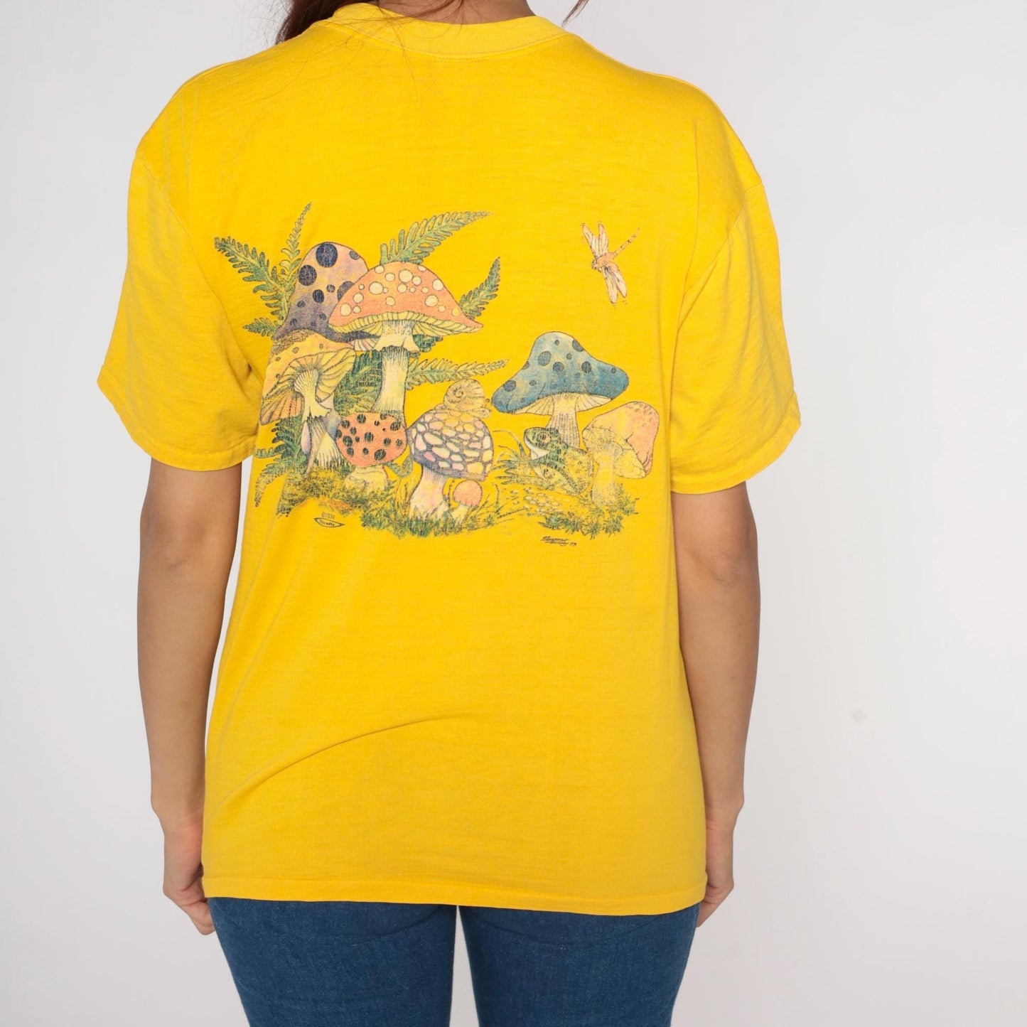 70s Yellow Mushroom Graphic Cotton T-Shirt Pocket Tee Medium