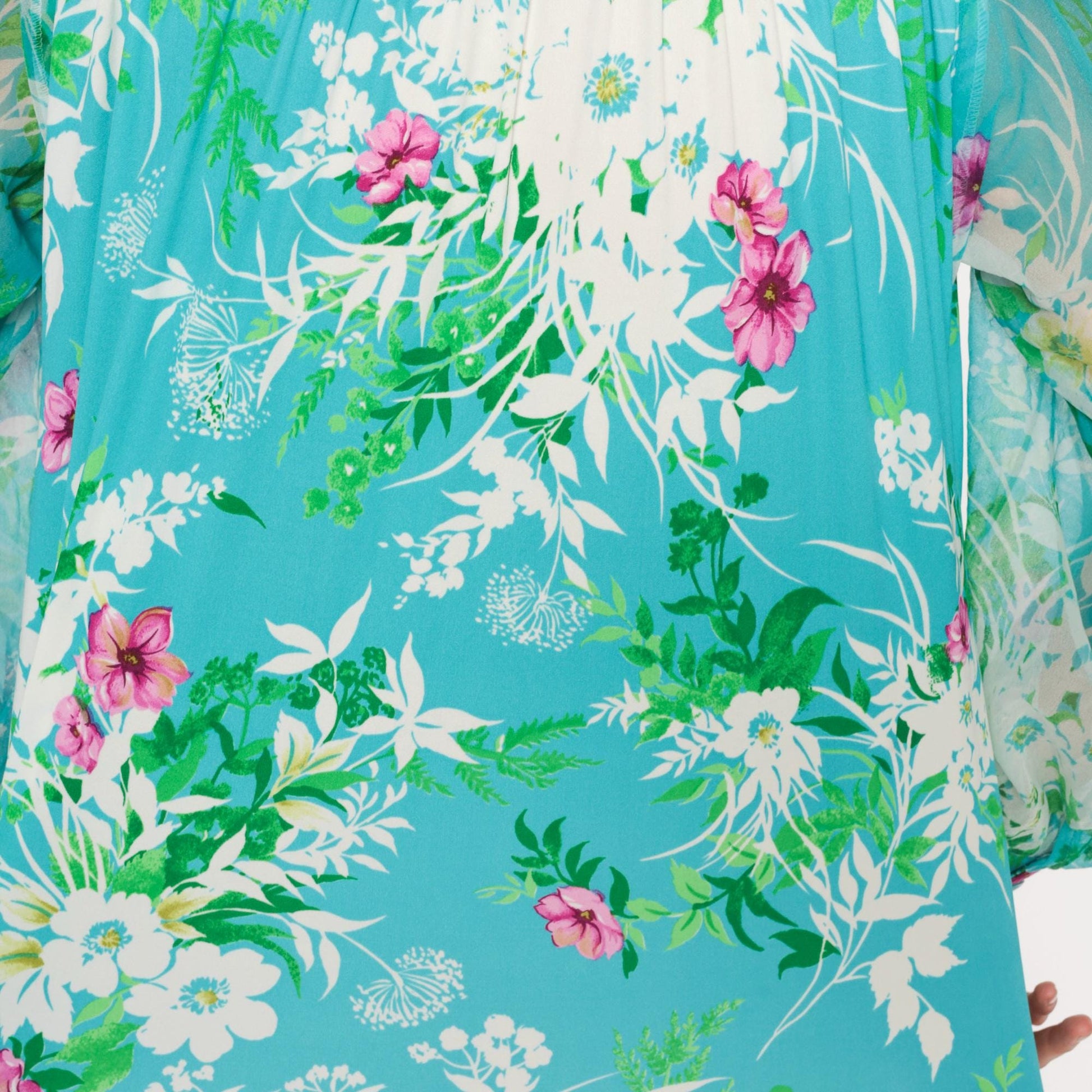 70s Hawaiian Turquoise Floral Blouse Long Sleeve Button Front Medium M
