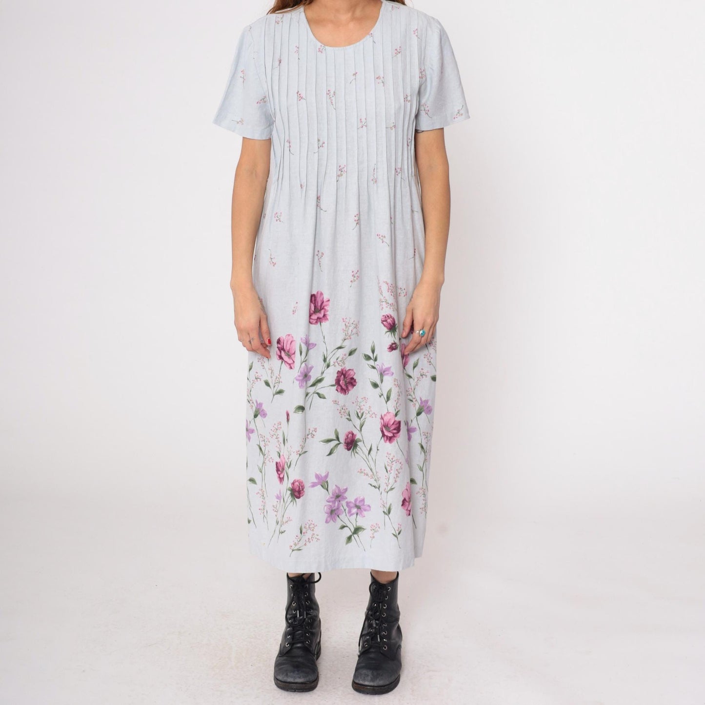 90s Miss Dorby Grey Floral Midi Dress Pink Purple Pleated Linen Large L