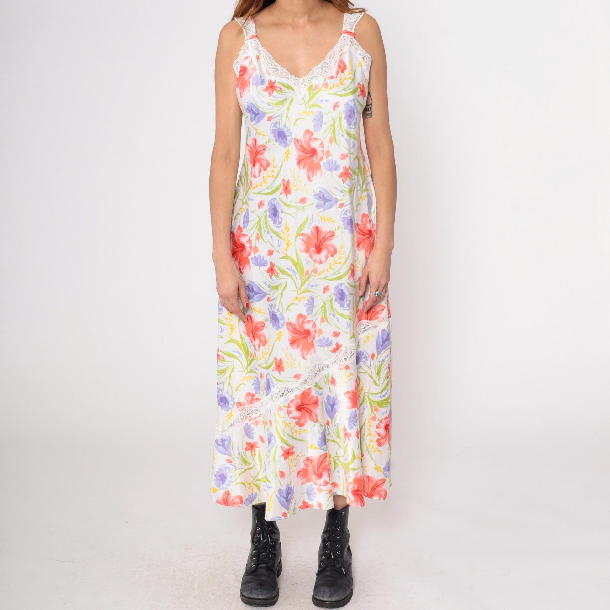 90s White Floral Maxi Slip Dress Coral Purple Lace Trim Large