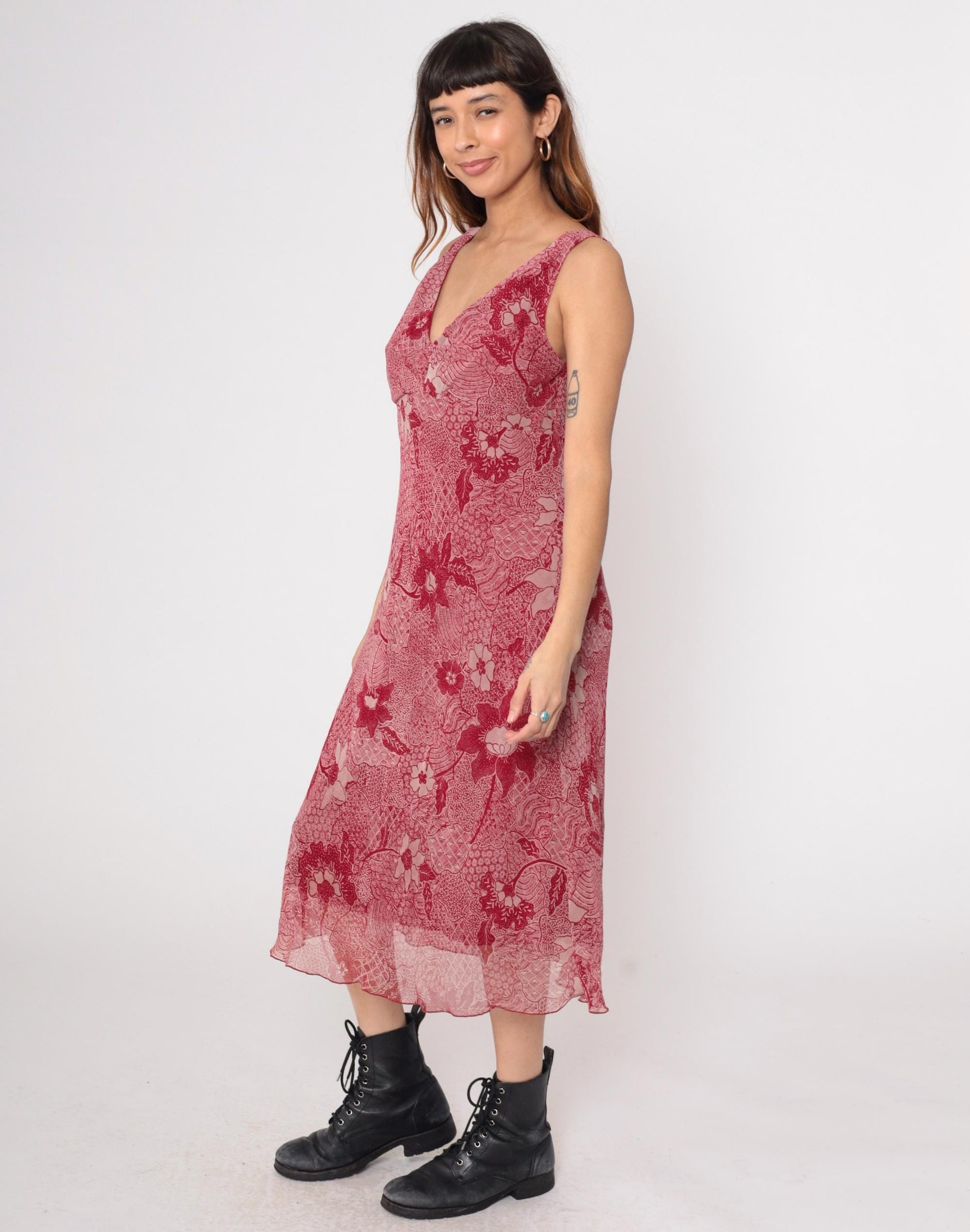 Y2K Red Paisley Midi Dress Sleeveless V Neck Floral Chiffon Medium