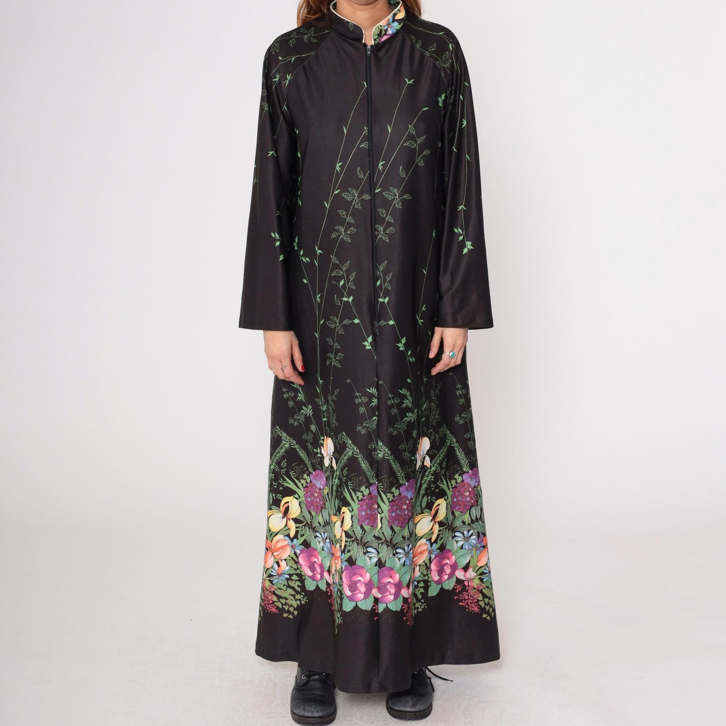 70s Black Floral Maxi Dress Zip Front Long Sleeve Botanical Print Medium Large