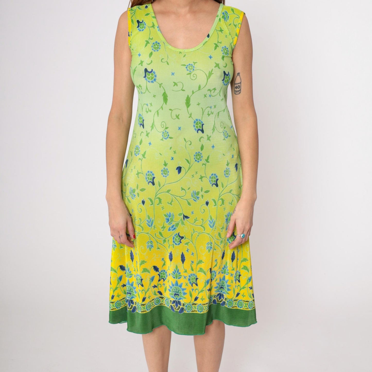 90s La Fete Lime Ombre Midi Dress Floral Scoop Neck Sleeveless Plus Size XXL