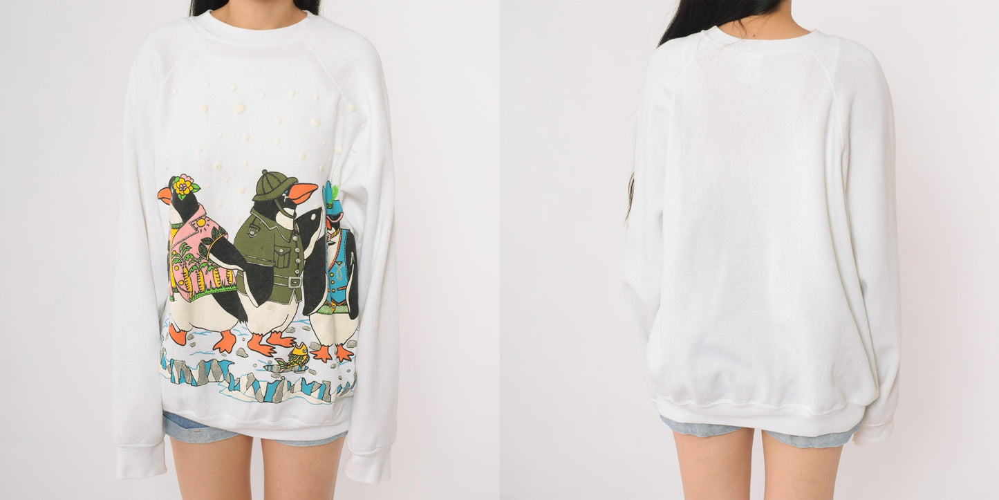 90s Penguin Graphic Sweatshirt White Crewneck Raglan EZL One Size