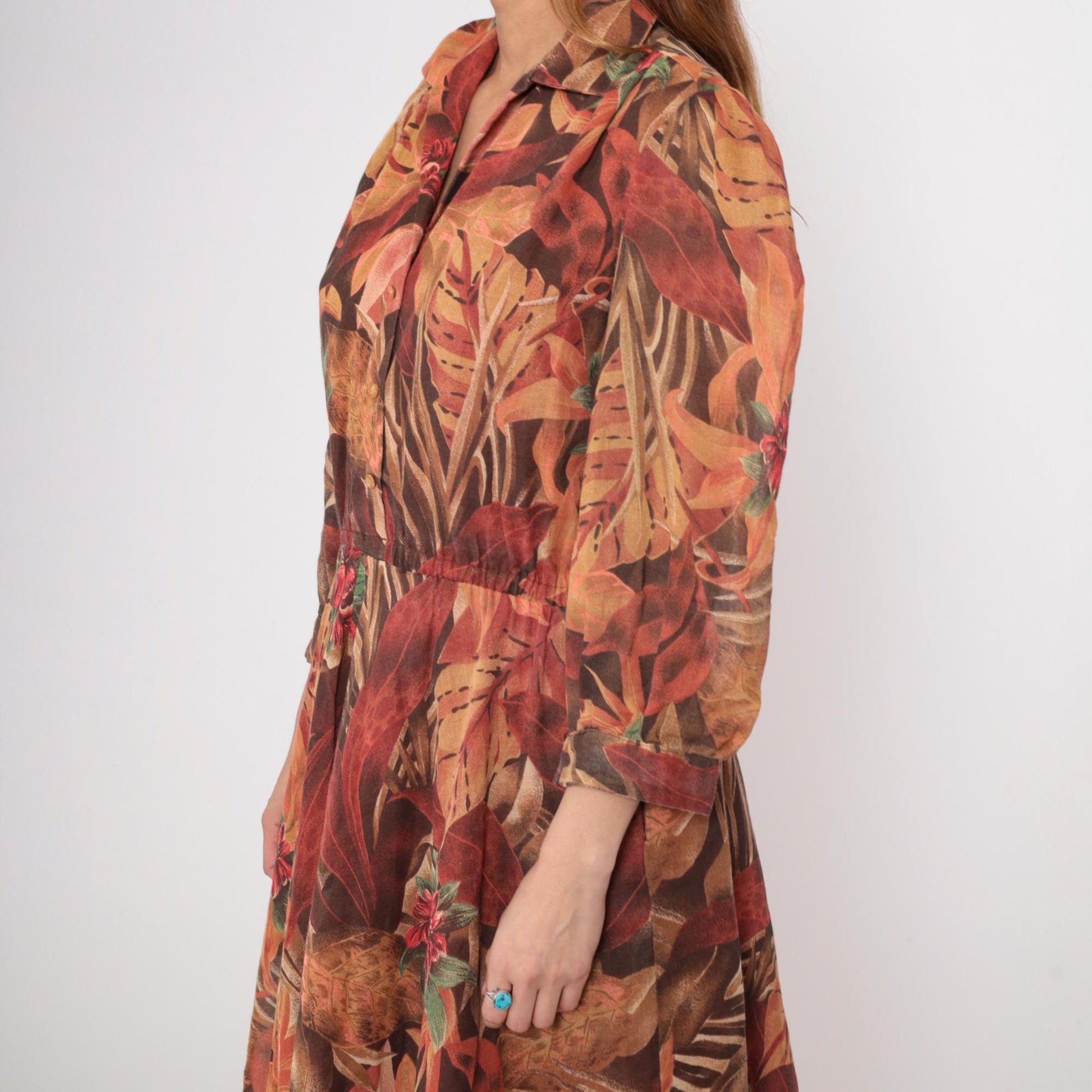 80s Brown Tropical Leaf Midi Dress Button Down Long Sleeve Medium