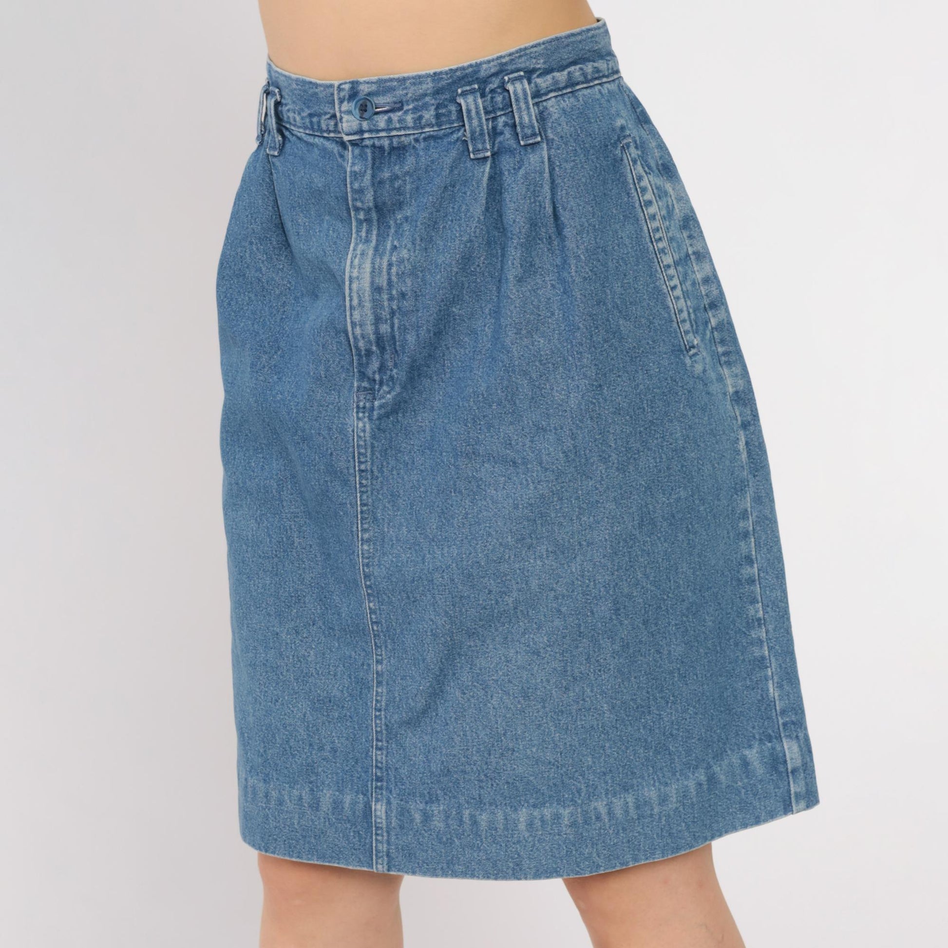 90s Lands End Denim A-Line Midi Skirt High Waist Blue Cotton Large L