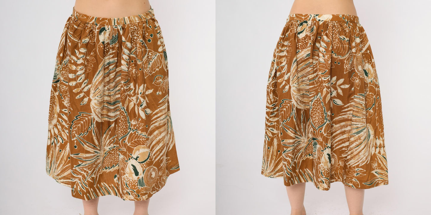 80s Courtwell Tropical Midi Skirt Rust Orange Botanical Print Large