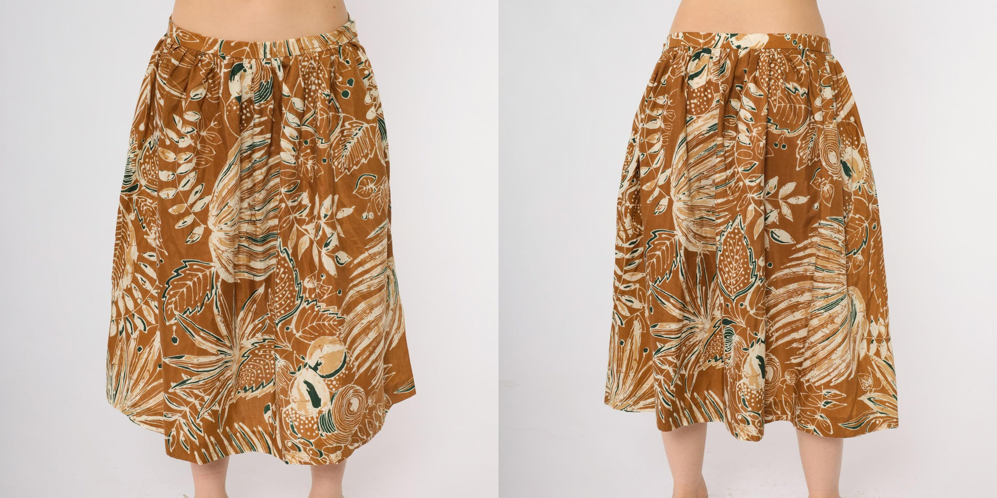 80s Courtwell Tropical Midi Skirt Rust Orange Botanical Print Large